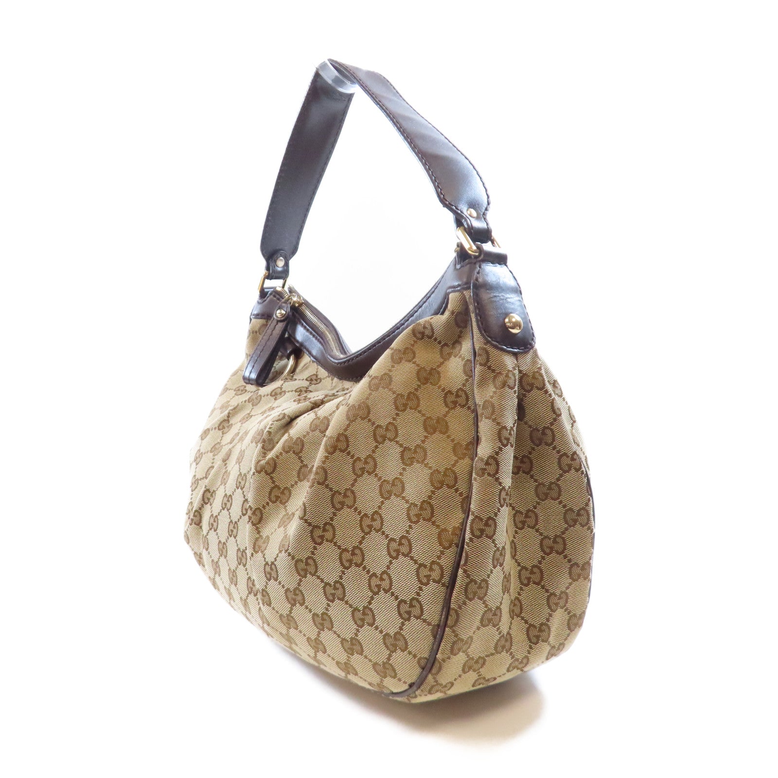 GUCCI 帆布Sukey Hobo金扣肩背袋棕色