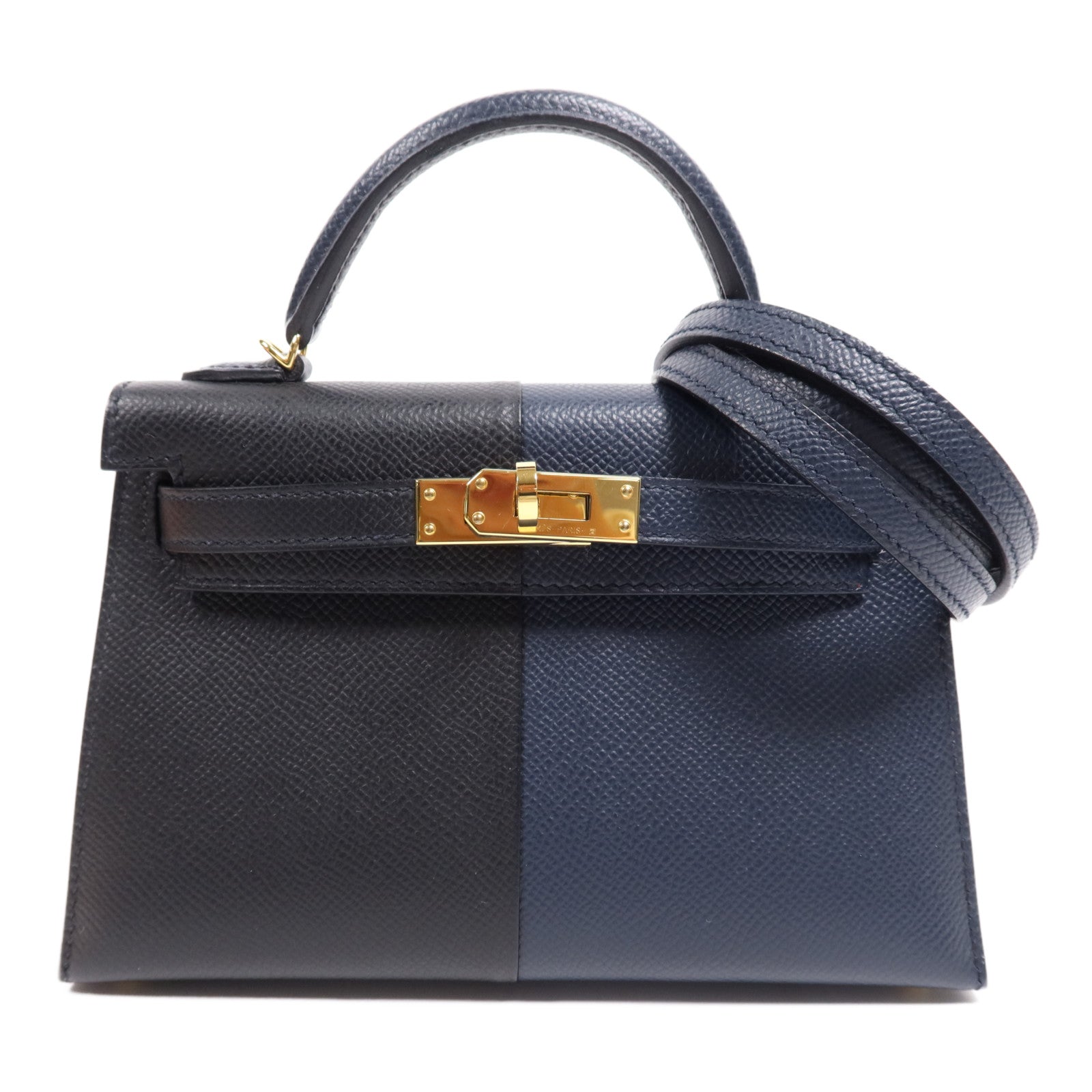 HERMES Epsom皮革Mini Kelly II金扣手挽肩背兩用袋Bleu Indigo/Noir