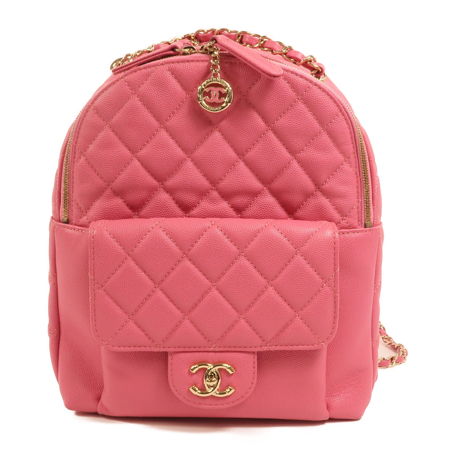 CHANEL 牛皮皮革Rucksack金扣鏈帶背包