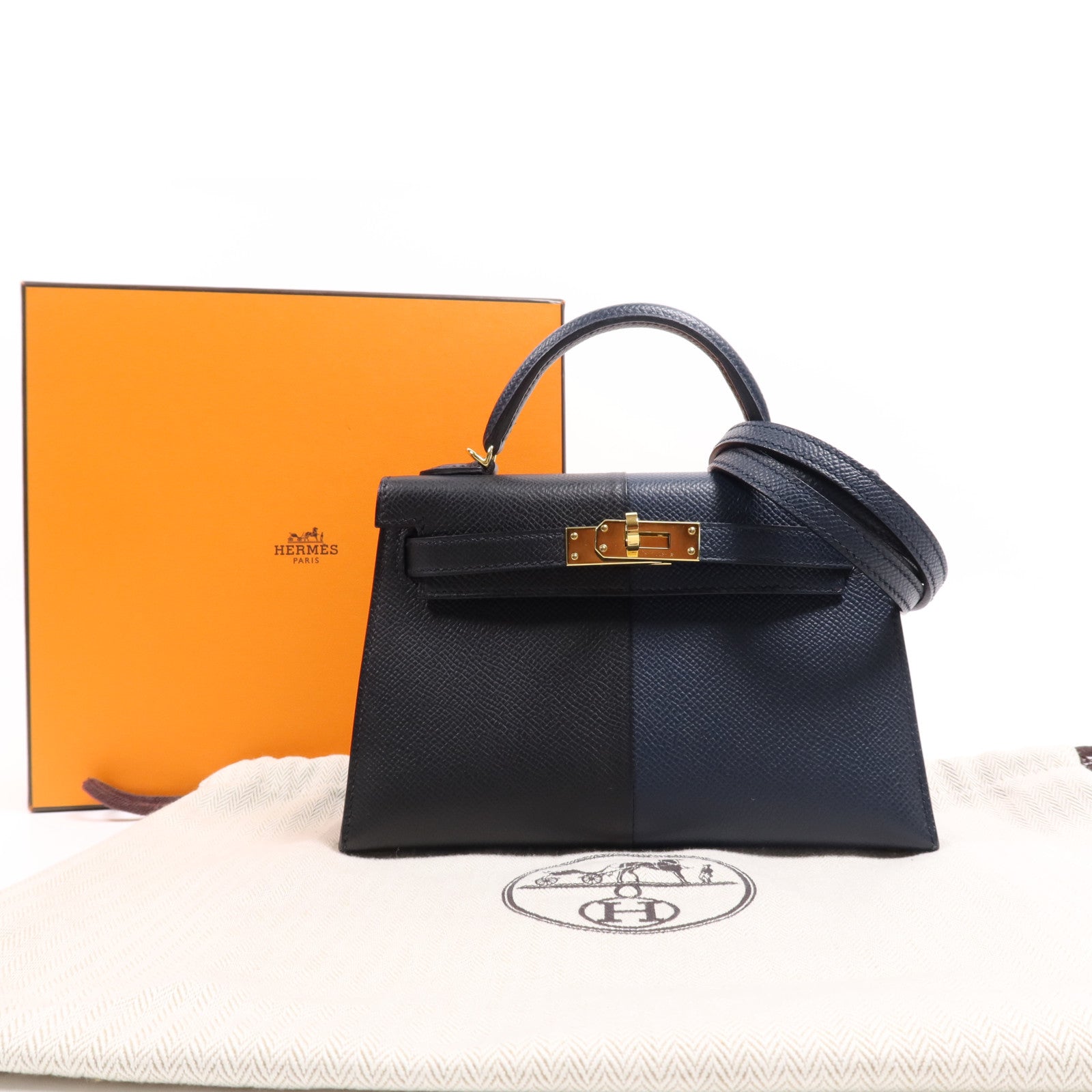 HERMES Epsom皮革Mini Kelly II金扣手挽肩背兩用袋Bleu Indigo/Noir
