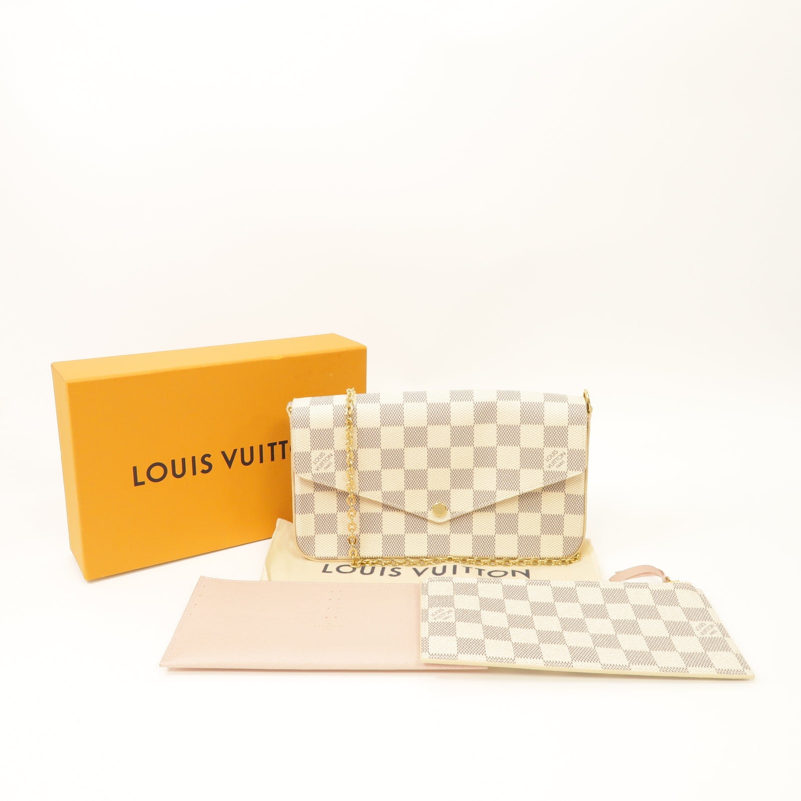LOUIS VUITTON Damier Azur Pochette Felicice金扣鏈帶肩背袋白色
