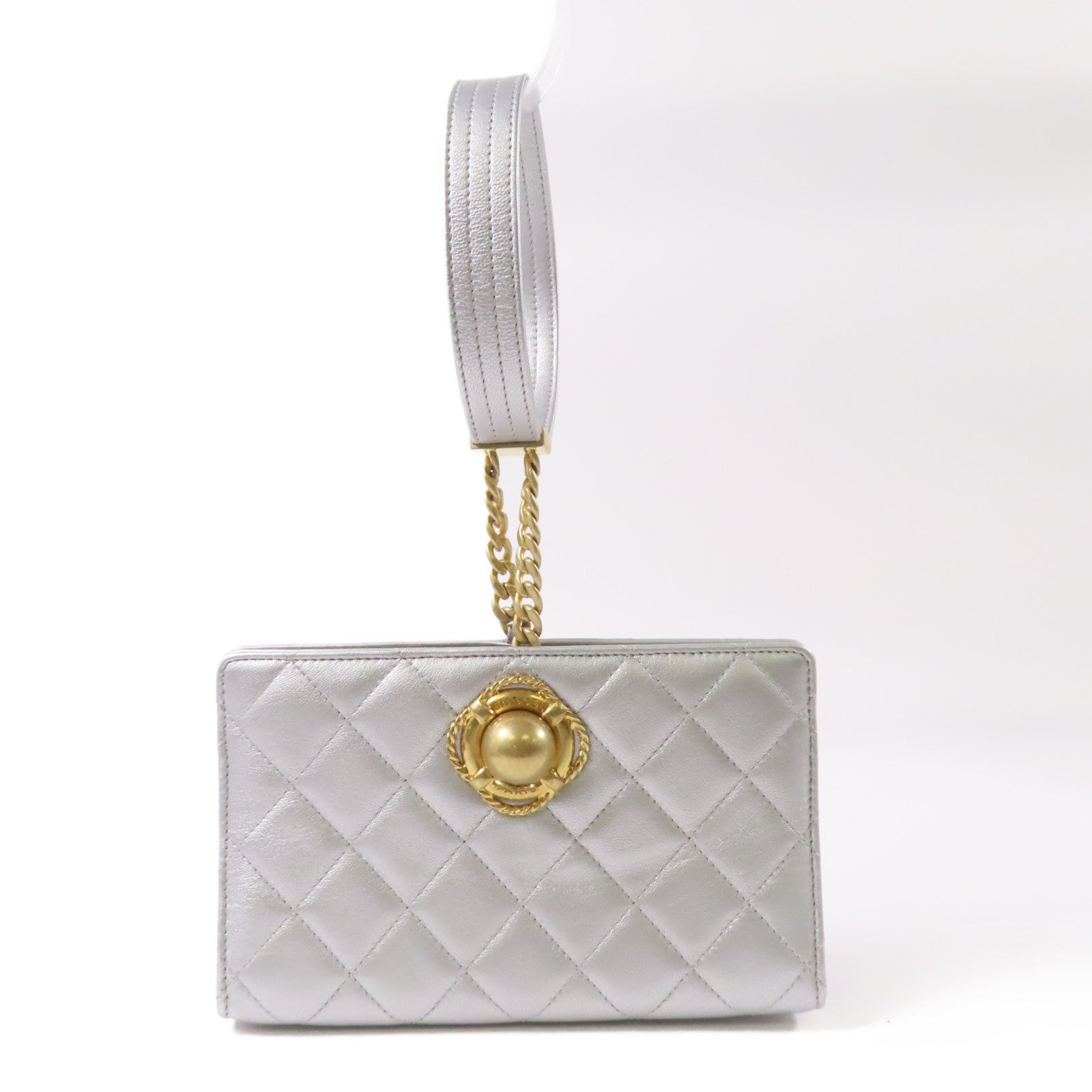 CHANEL 菱格牛皮皮革Hand Bag金扣手挽袋銀色