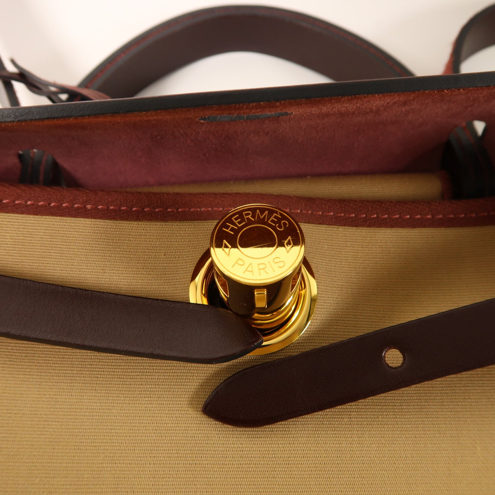 HERMES 帆布Herbag PM金扣手挽肩背兩用袋Trench/Bleu Tempete/Rouge Sellier
