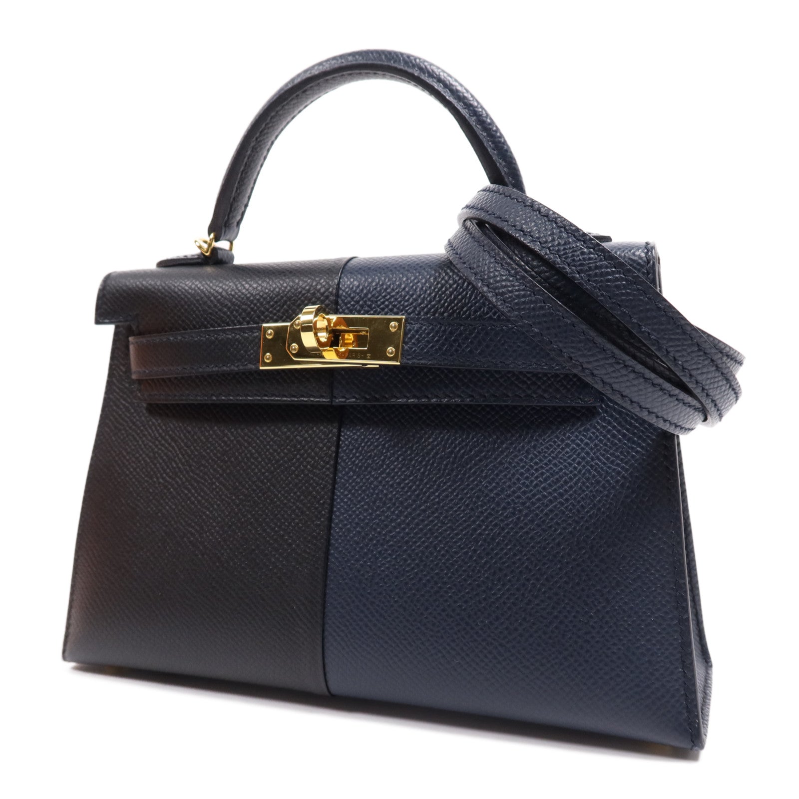 HERMES Epsom皮革Mini Kelly II金扣手挽肩背兩用袋Bleu Indigo/Noir