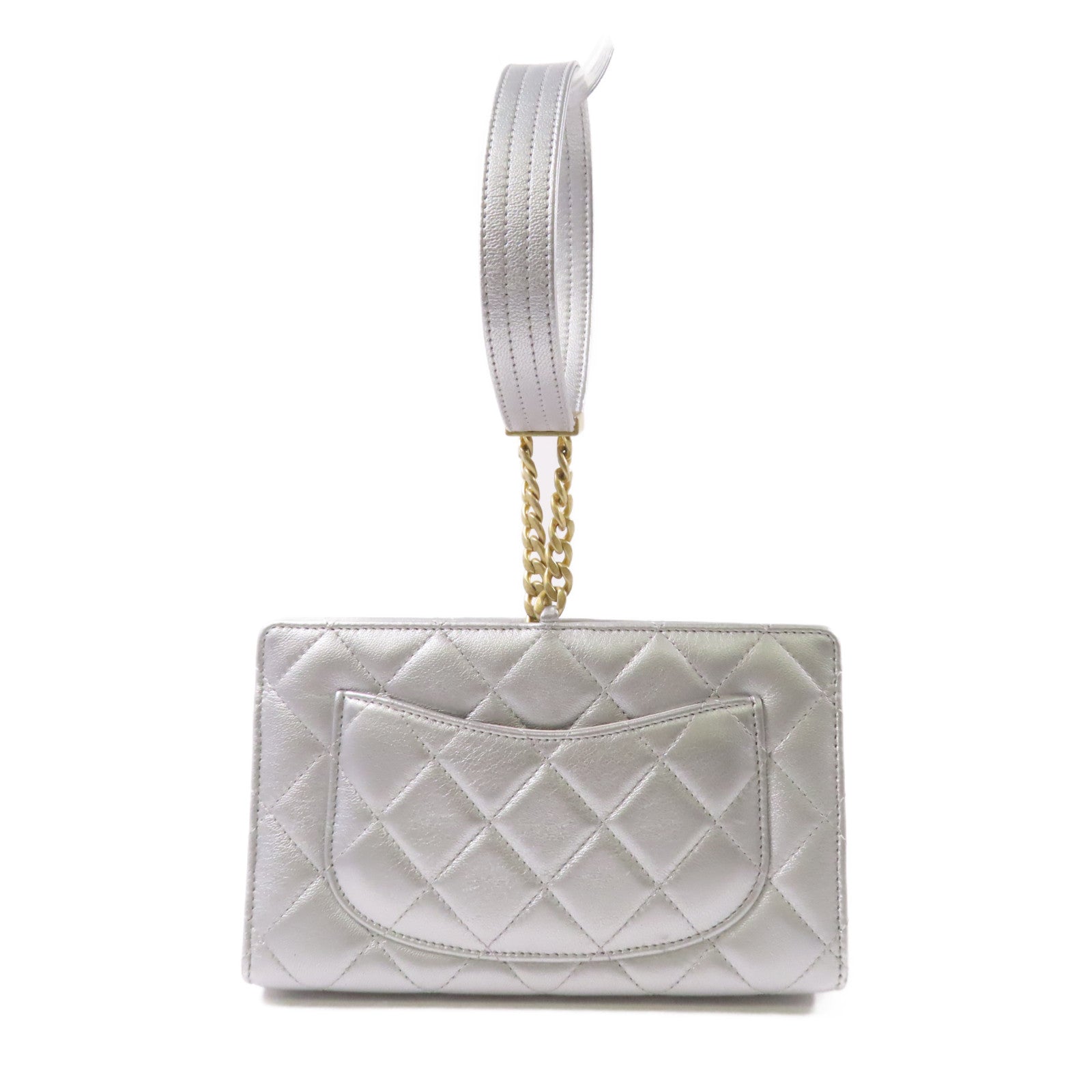 CHANEL 菱格牛皮皮革Hand Bag金扣手挽袋銀色