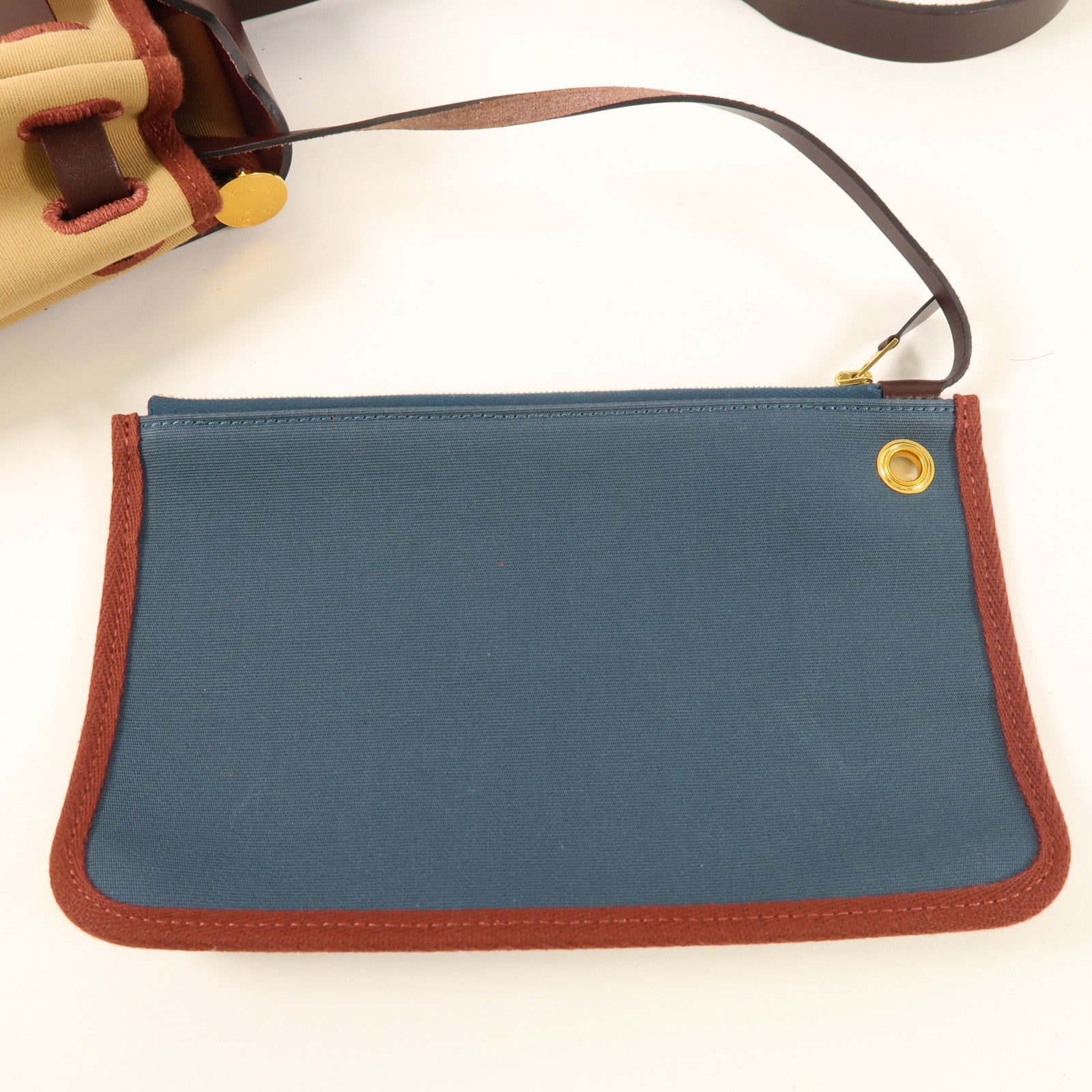 HERMES 帆布Herbag PM金扣手挽肩背兩用袋Trench/Bleu Tempete/Rouge Sellier