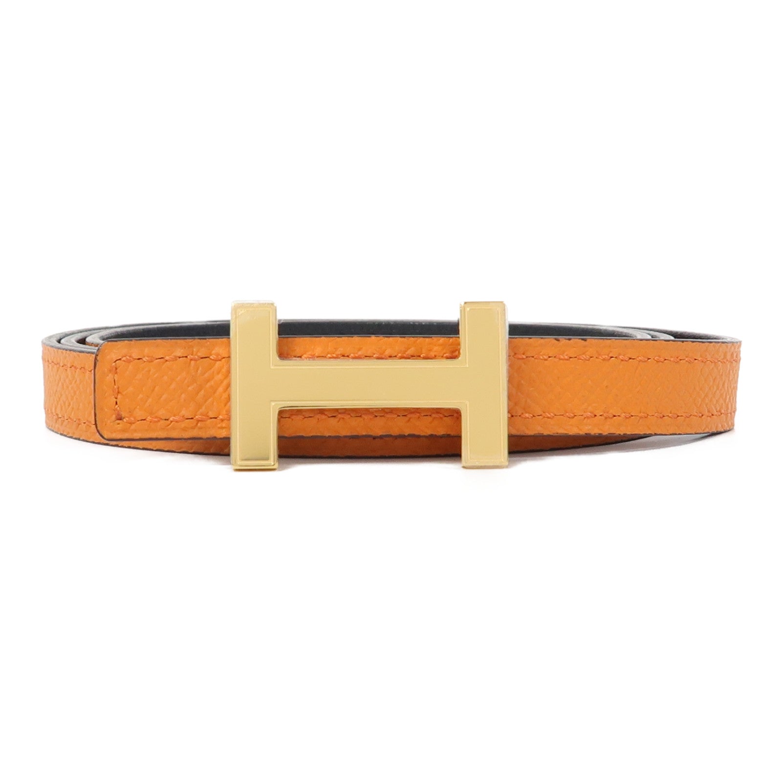 HERMES Epsom皮革/Swift皮革H Belt金扣皮帶橙色/黑色