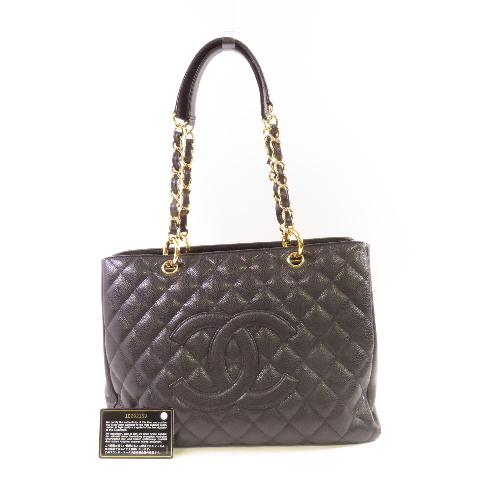 CHANEL 菱格Caviar皮革Grand Shopping Tote金扣鏈帶肩背袋黑色
