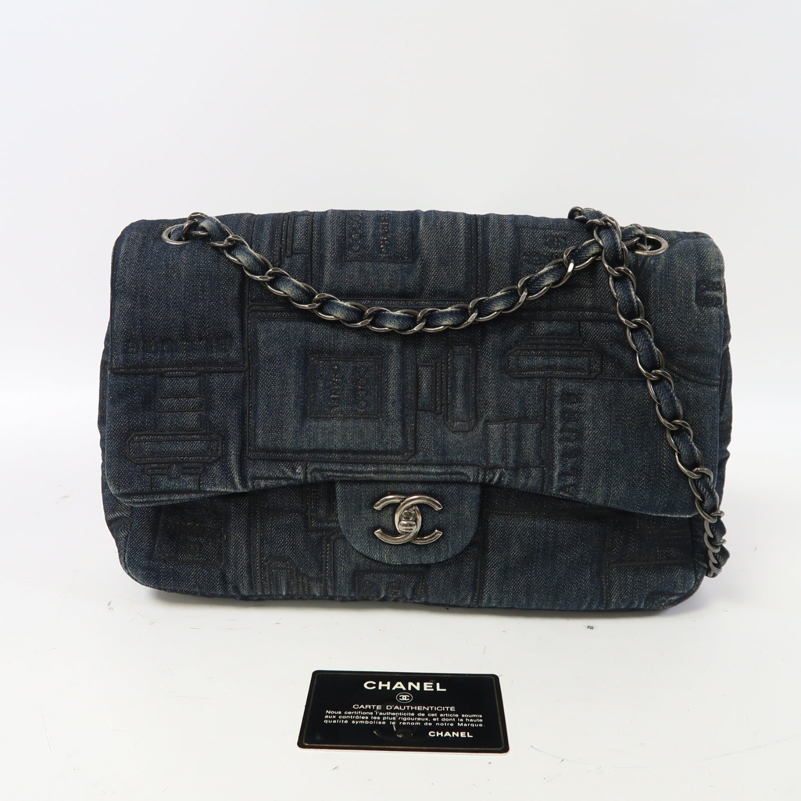 CHANEL 牛仔布Shoulder Bag銀扣鏈帶肩背袋藍色