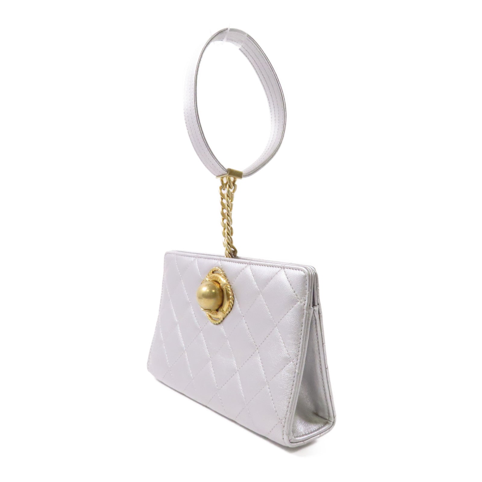 CHANEL 菱格牛皮皮革Hand Bag金扣手挽袋銀色