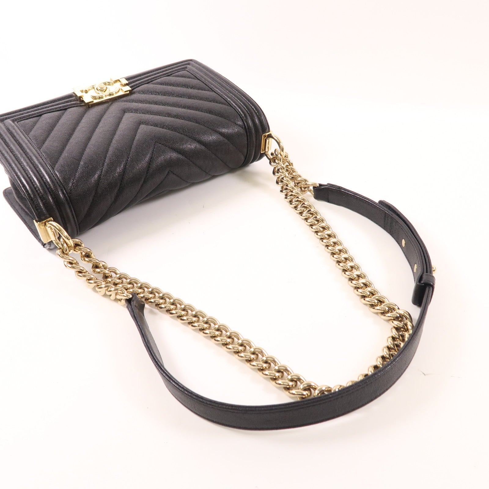 CHANEL 牛皮皮革Boy 25金扣鏈帶肩背袋