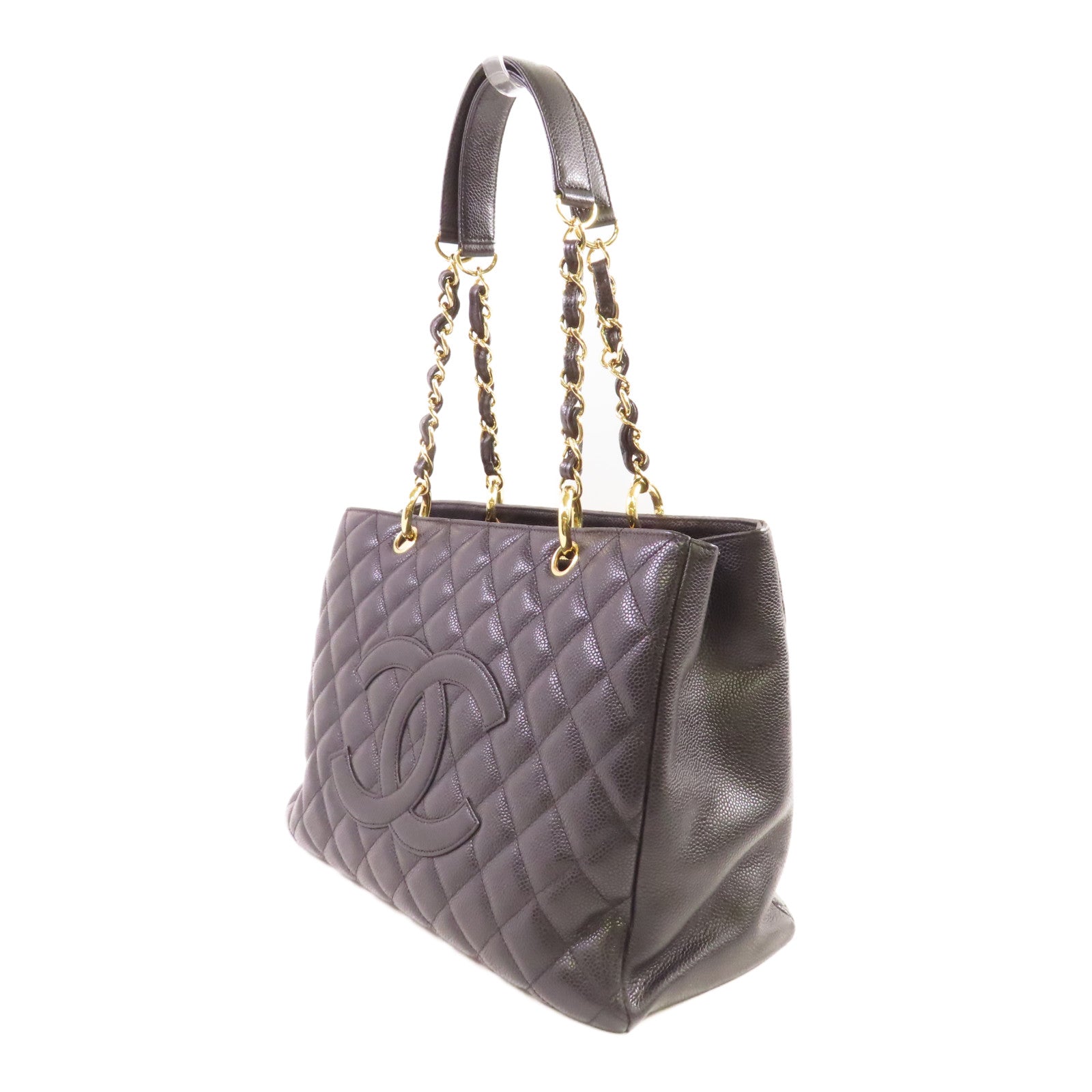 CHANEL 菱格Caviar皮革Grand Shopping Tote金扣鏈帶肩背袋黑色