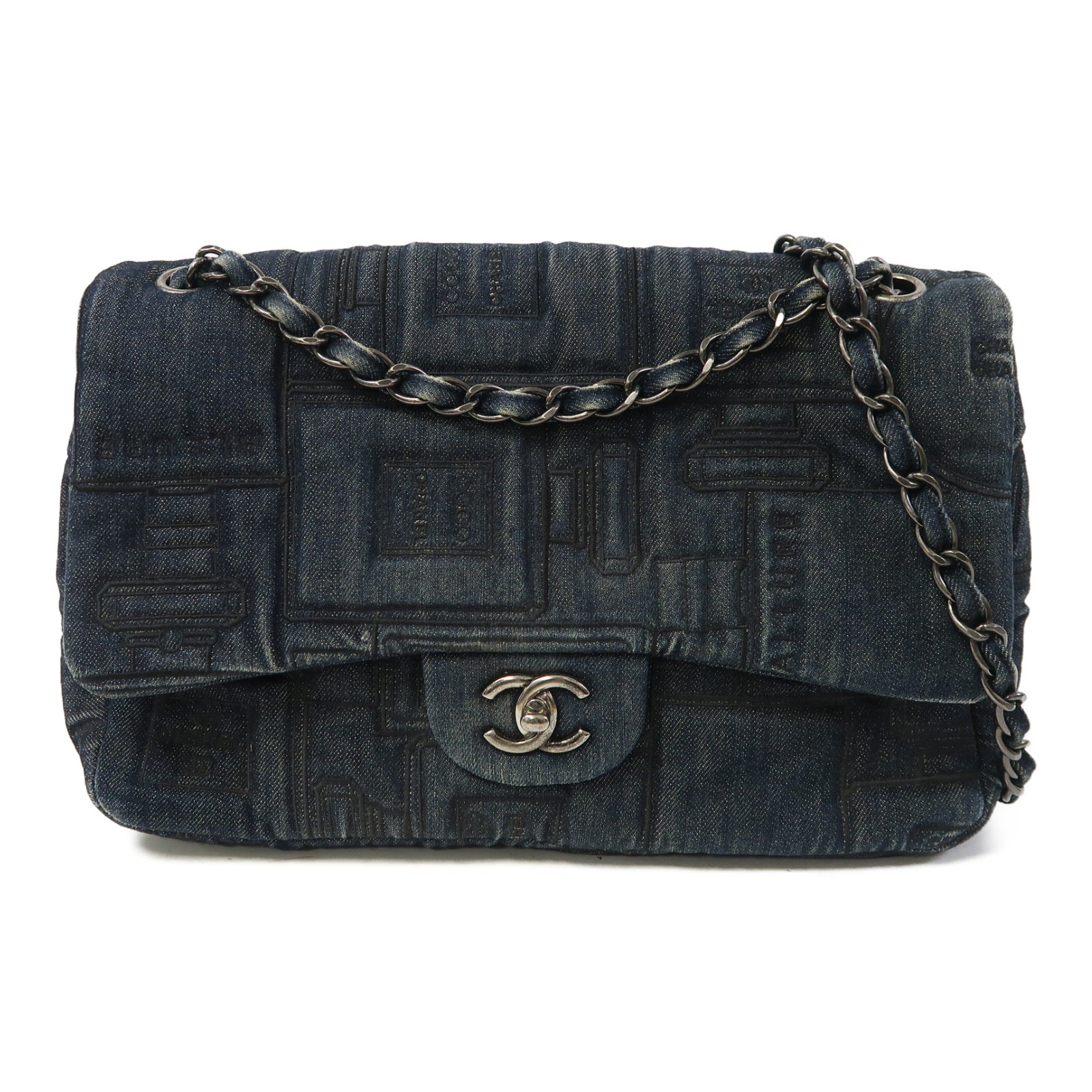 CHANEL 牛仔布Shoulder Bag銀扣鏈帶肩背袋藍色
