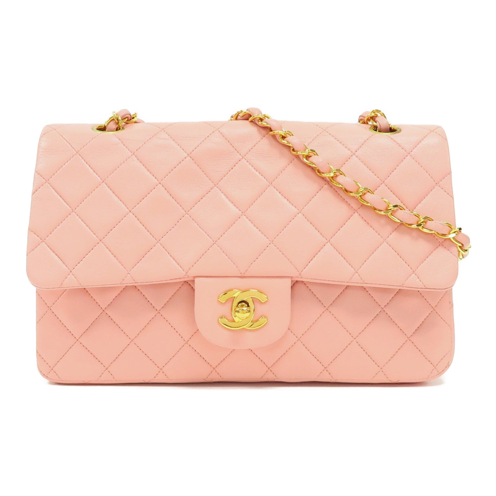 CHANEL 菱格羊皮皮革Classic Chain Shoulder Bag金扣鏈帶肩背袋粉紅色