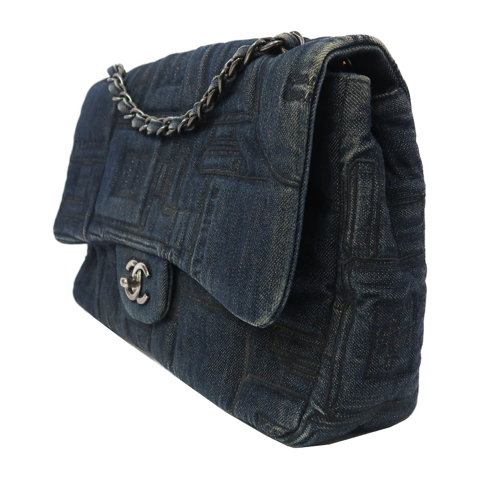 CHANEL 牛仔布Shoulder Bag銀扣鏈帶肩背袋藍色
