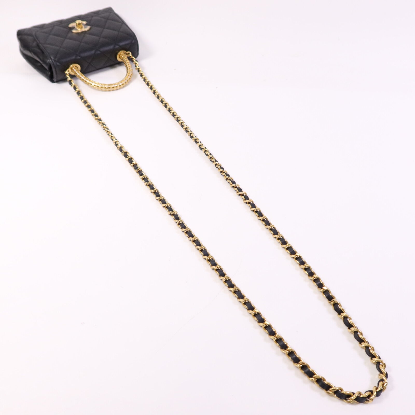 CHANEL 牛皮皮革Coco Handle Nano金扣鏈帶手挽肩背兩用袋