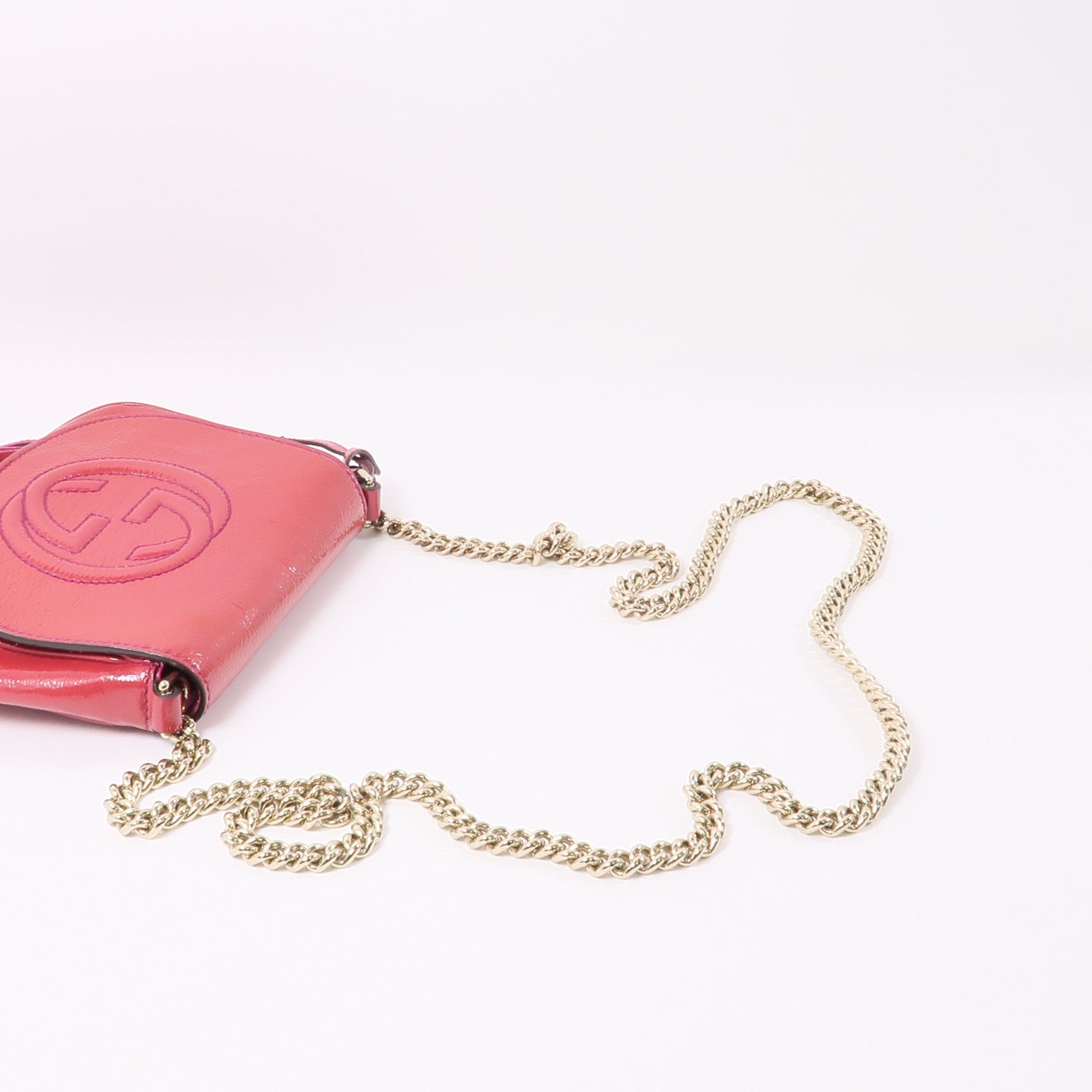 GUCCI 牛皮皮革Chain Shoulder Bag金扣鏈帶肩背袋紅色