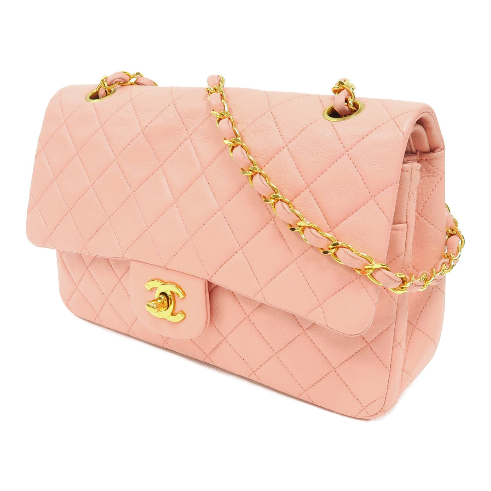 CHANEL 菱格羊皮皮革Classic Chain Shoulder Bag金扣鏈帶肩背袋粉紅色