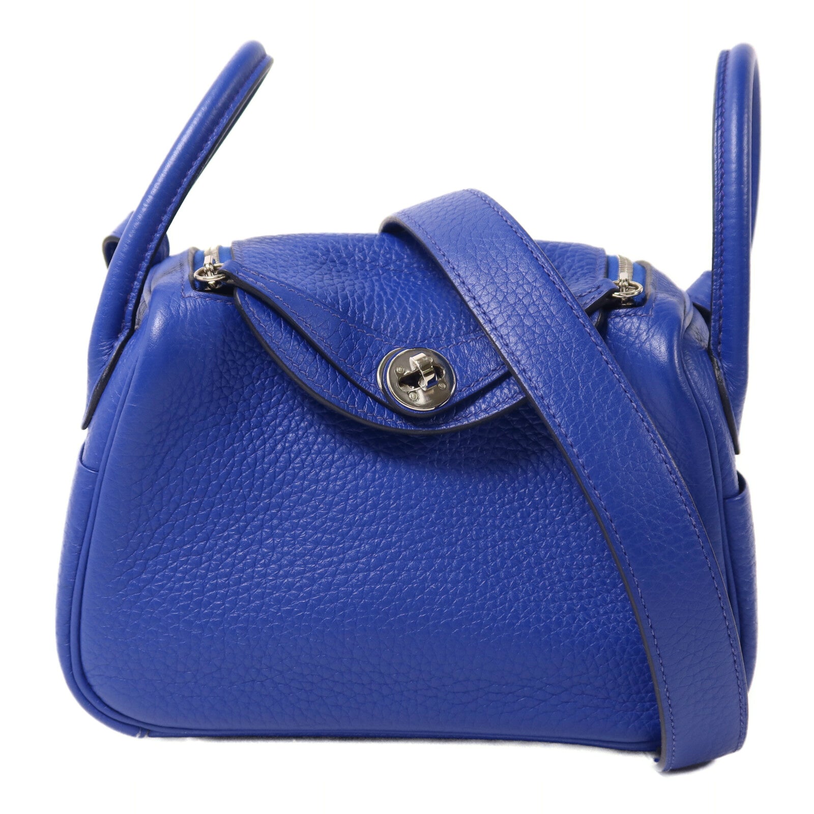HERMES Clemence皮革Mini Lindy銀扣手挽肩背兩用袋Bleu Electrique