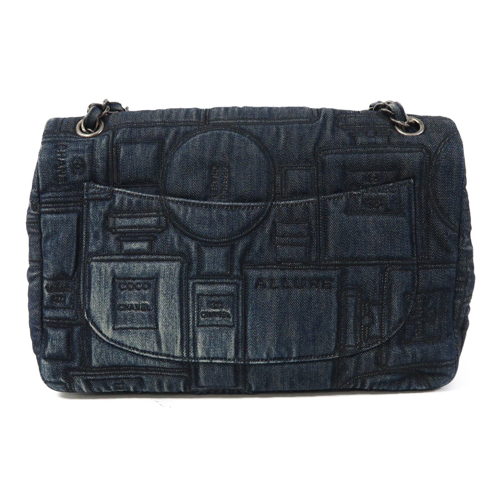 CHANEL 牛仔布Shoulder Bag銀扣鏈帶肩背袋藍色