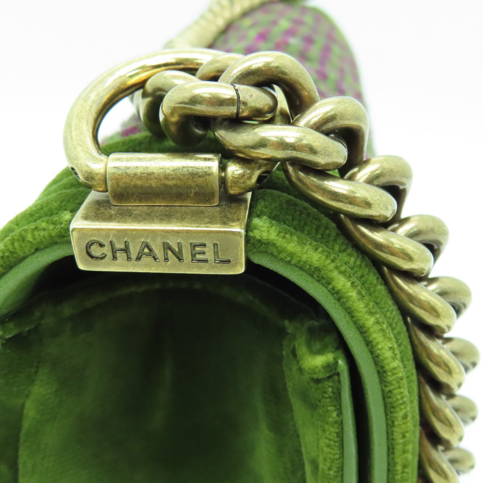 CHANEL tweed Shoulder Bag gold buckle chain shoulder bag green