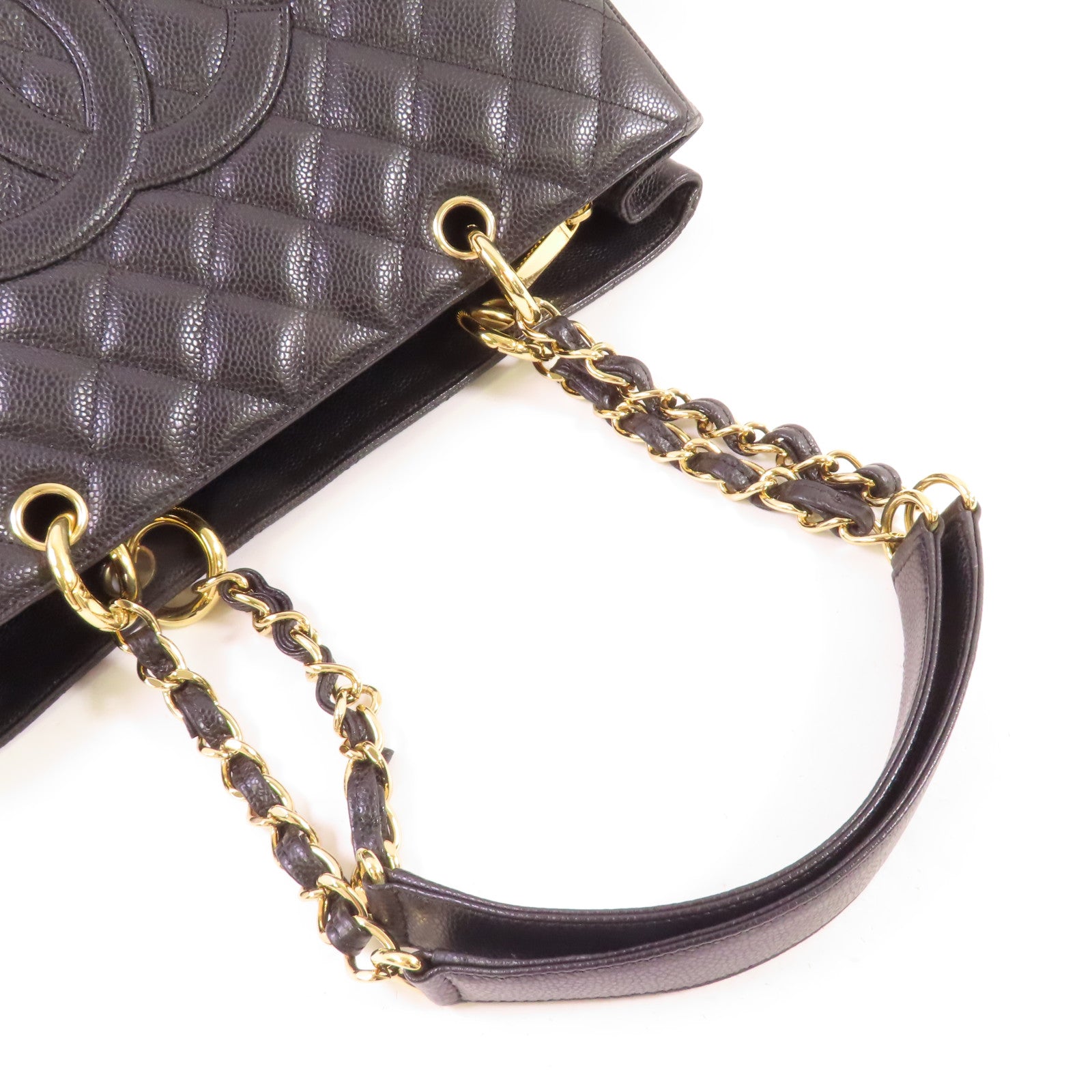 CHANEL 菱格Caviar皮革Grand Shopping Tote金扣鏈帶肩背袋黑色