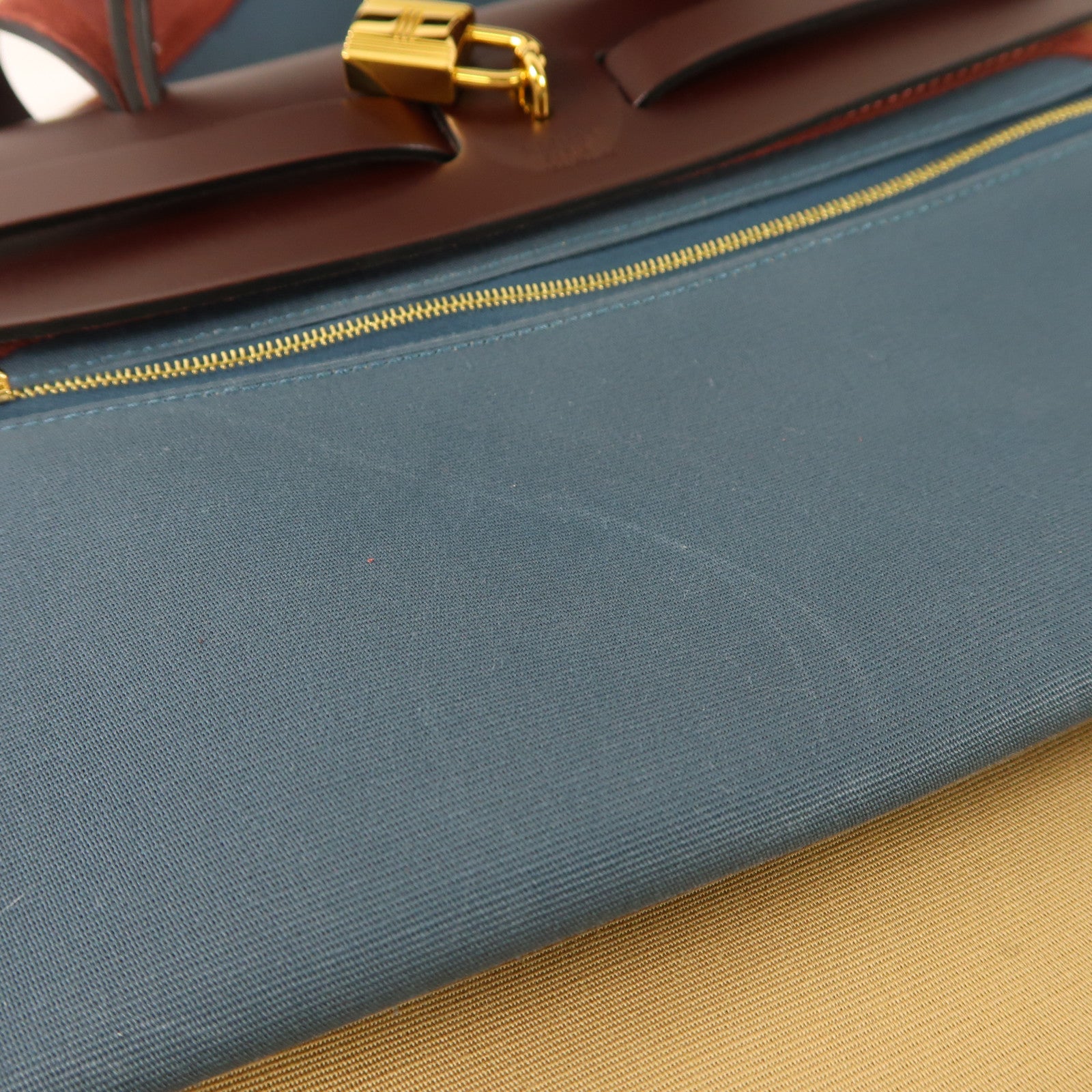 HERMES 帆布Herbag PM金扣手挽肩背兩用袋Trench/Bleu Tempete/Rouge Sellier