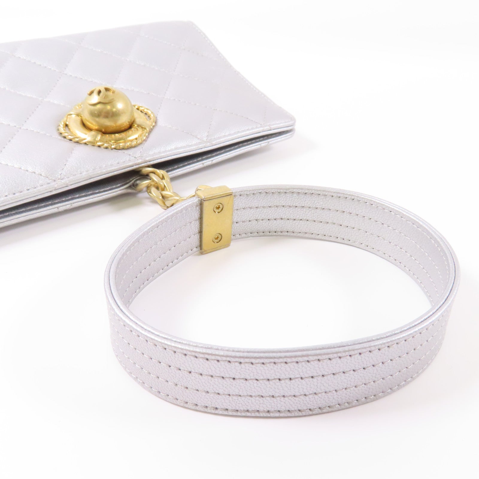 CHANEL 菱格牛皮皮革Hand Bag金扣手挽袋銀色