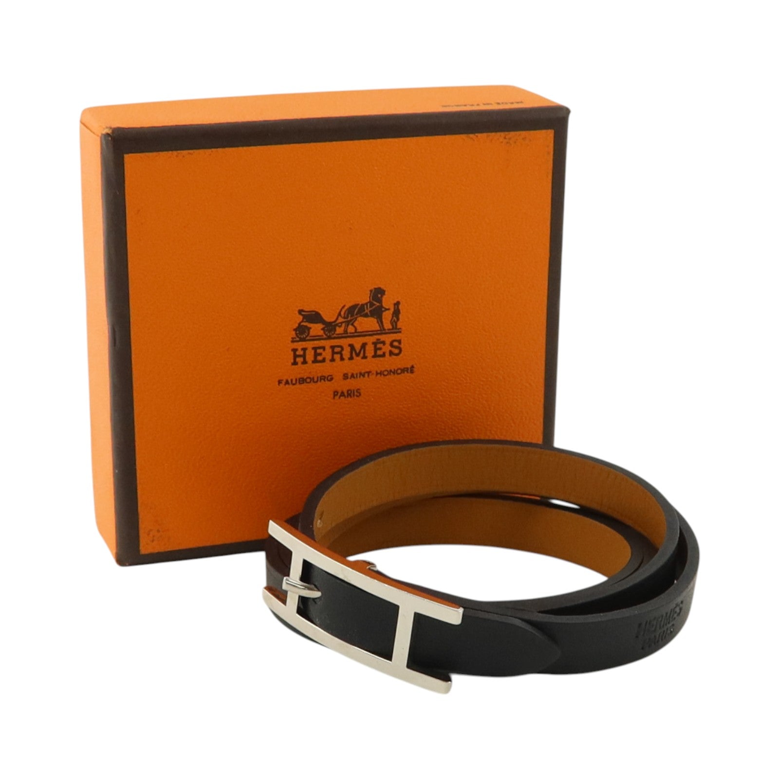 HERMES Tadelakt皮革Behapi Triple Tour銀扣手鏈Noir