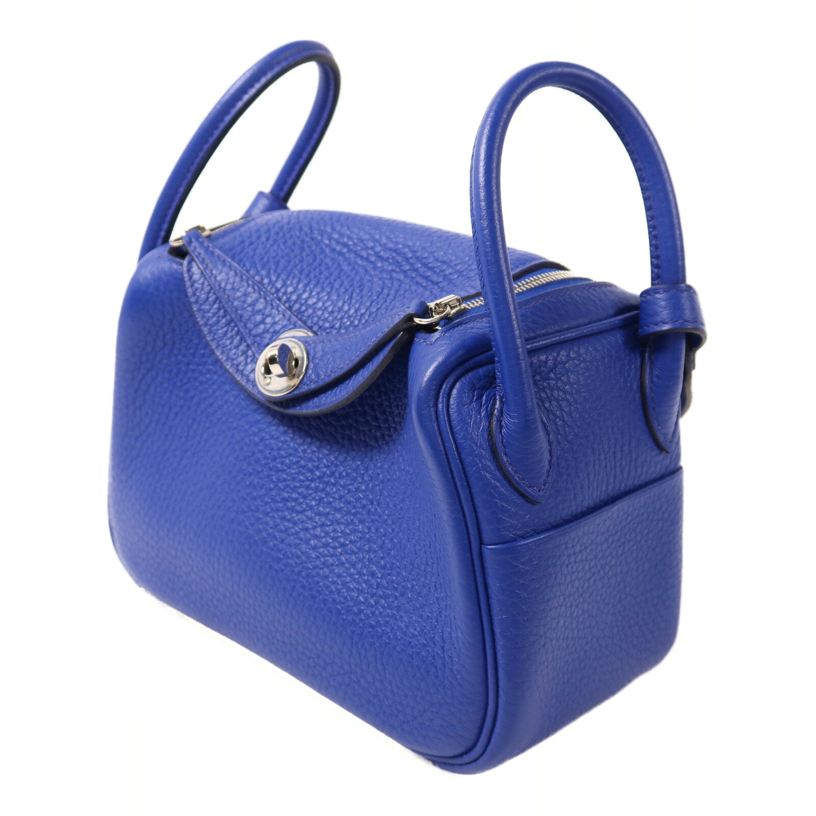 HERMES Clemence皮革Mini Lindy銀扣手挽肩背兩用袋Bleu Electrique