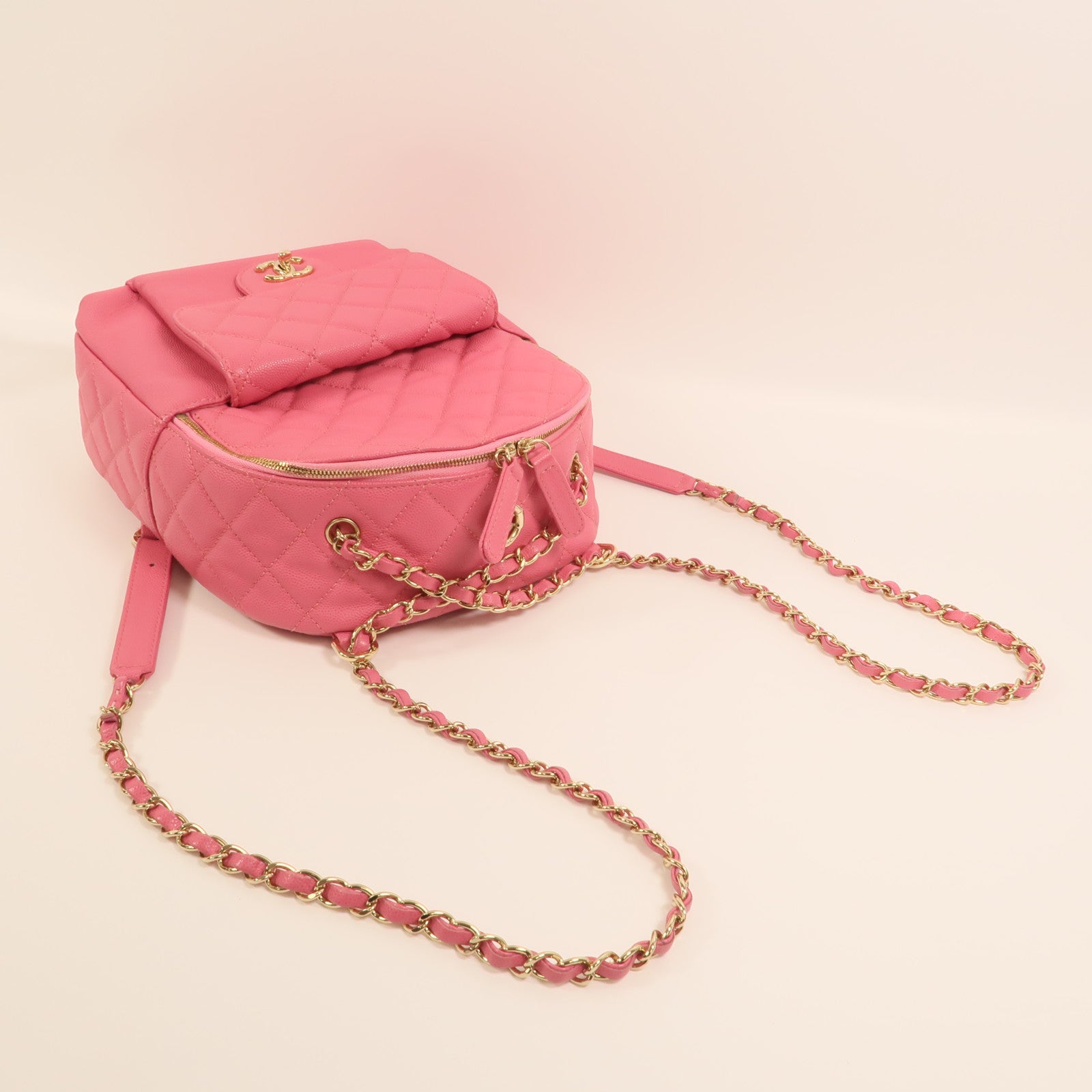 CHANEL 牛皮皮革Rucksack金扣鏈帶背包