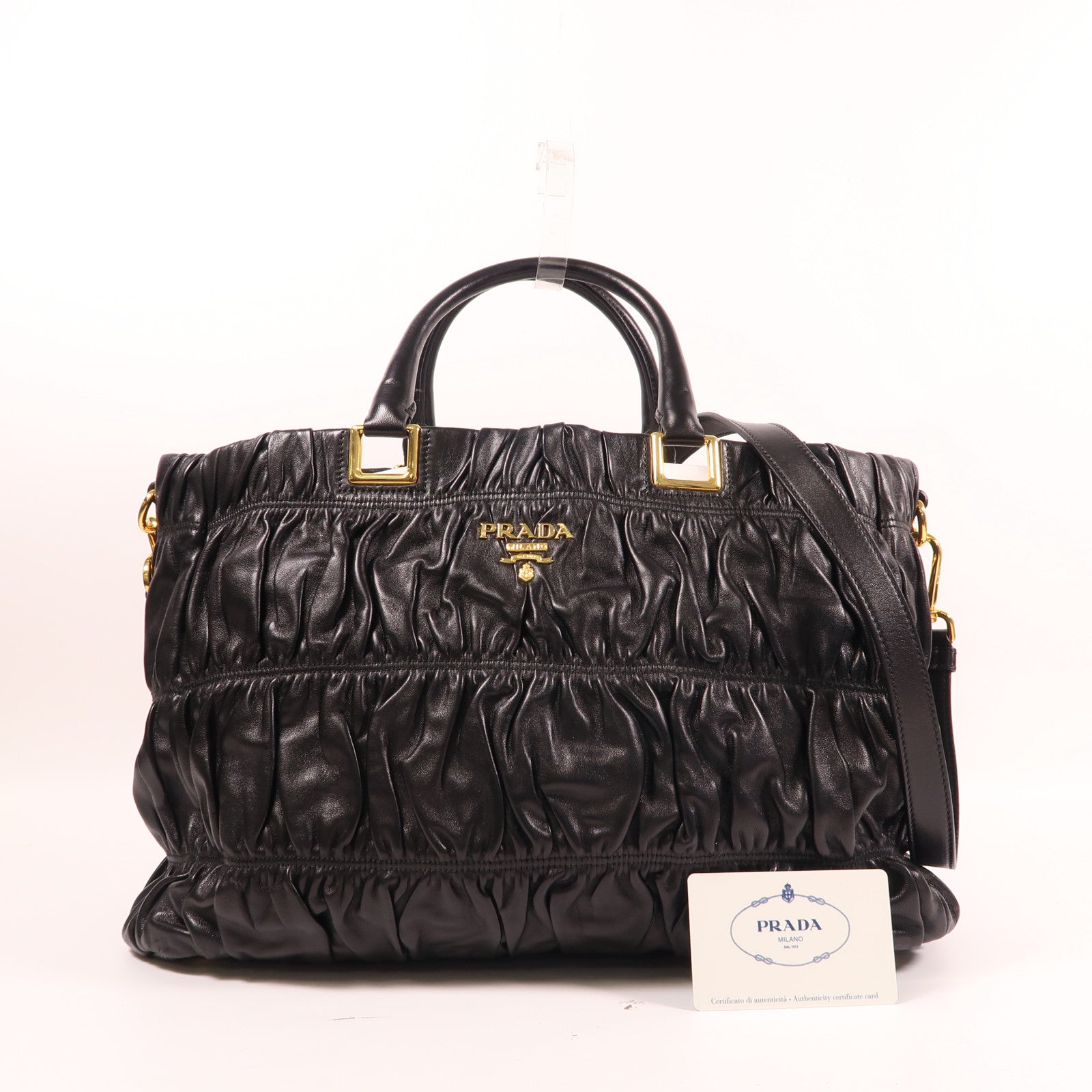 PRADA Nappa皮革Gaufre 2 Way Shoulder金扣手挽肩背兩用袋黑色