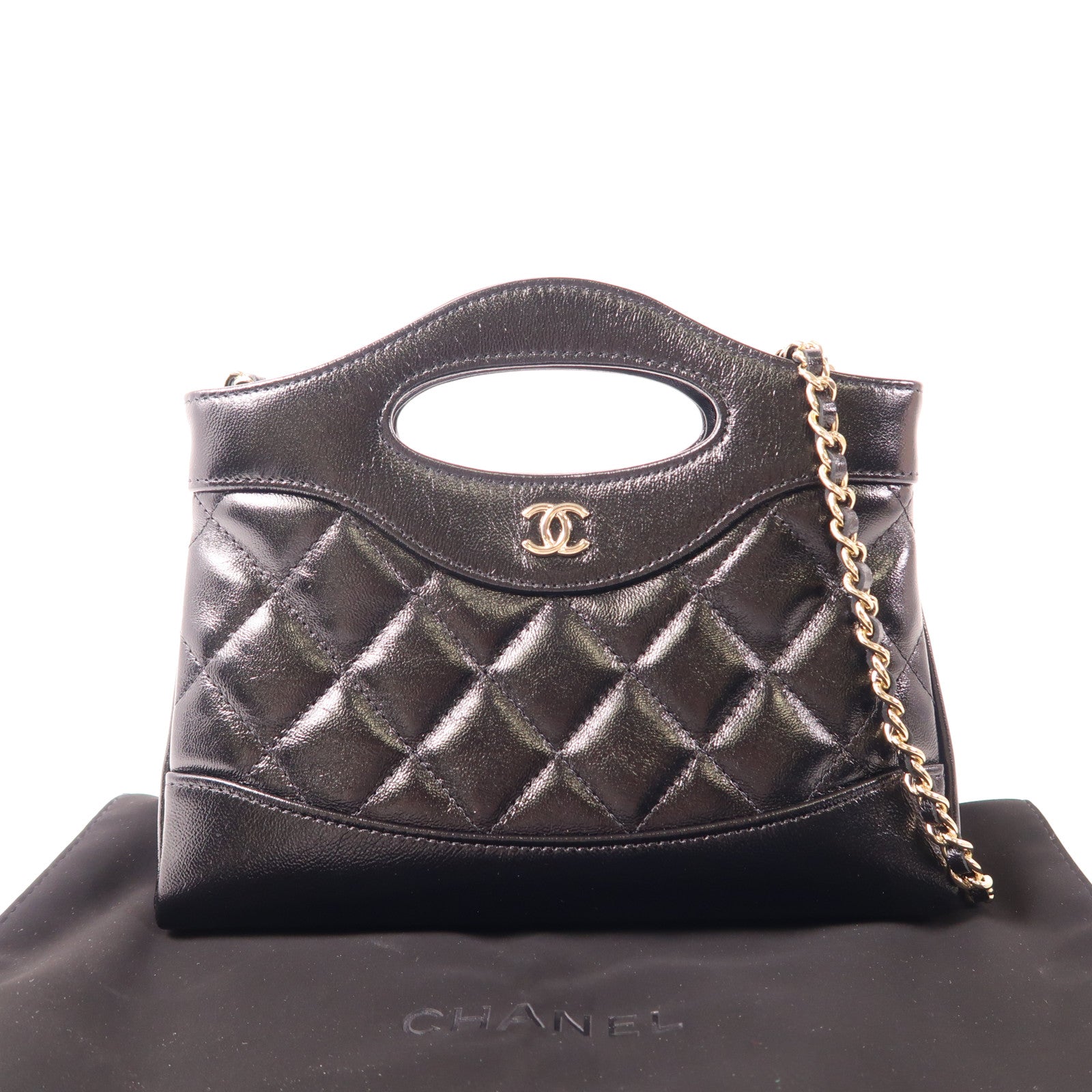 CHANEL 皮革Nano 31銀扣鏈帶肩背袋