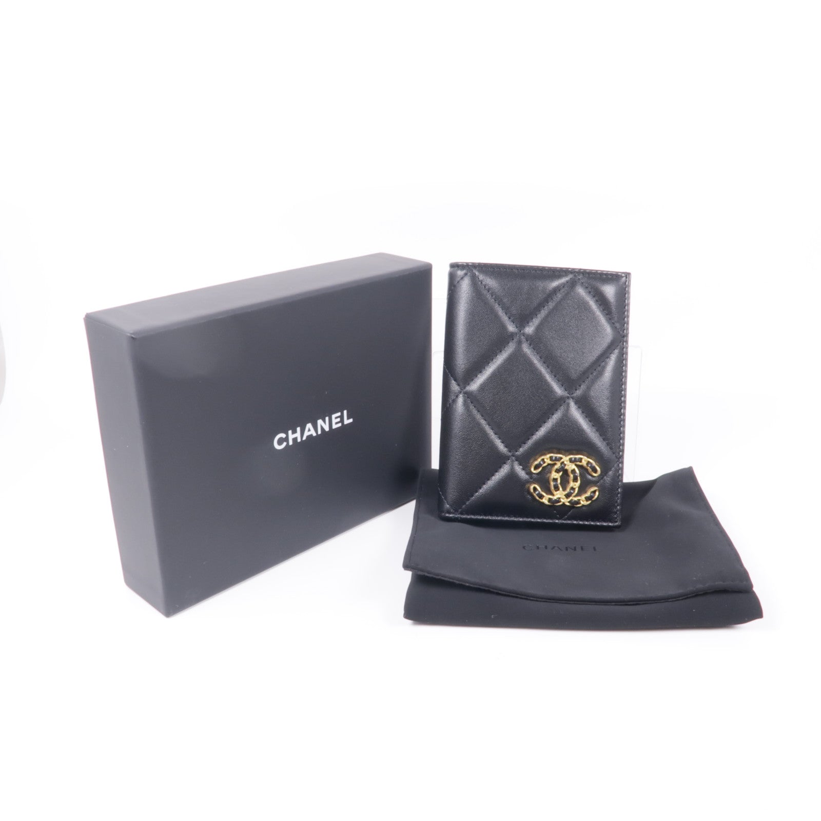 CHANEL CC GHW Card Passport Case Lambskin Leather Black