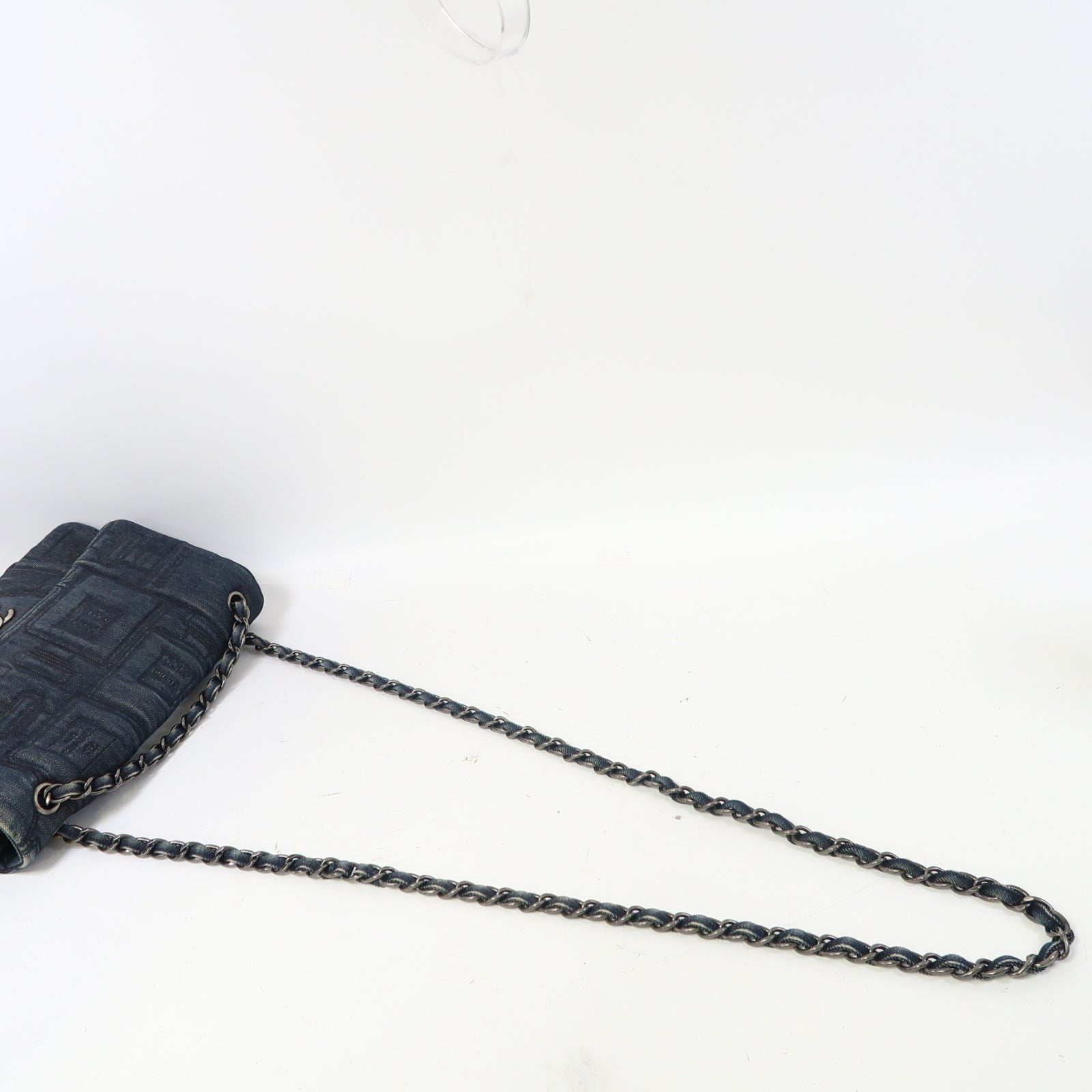 CHANEL 牛仔布Shoulder Bag銀扣鏈帶肩背袋藍色