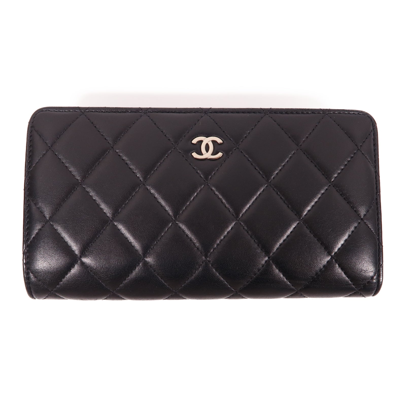 CHANEL 菱格羊皮皮革Long Flap銀扣長錢包黑色