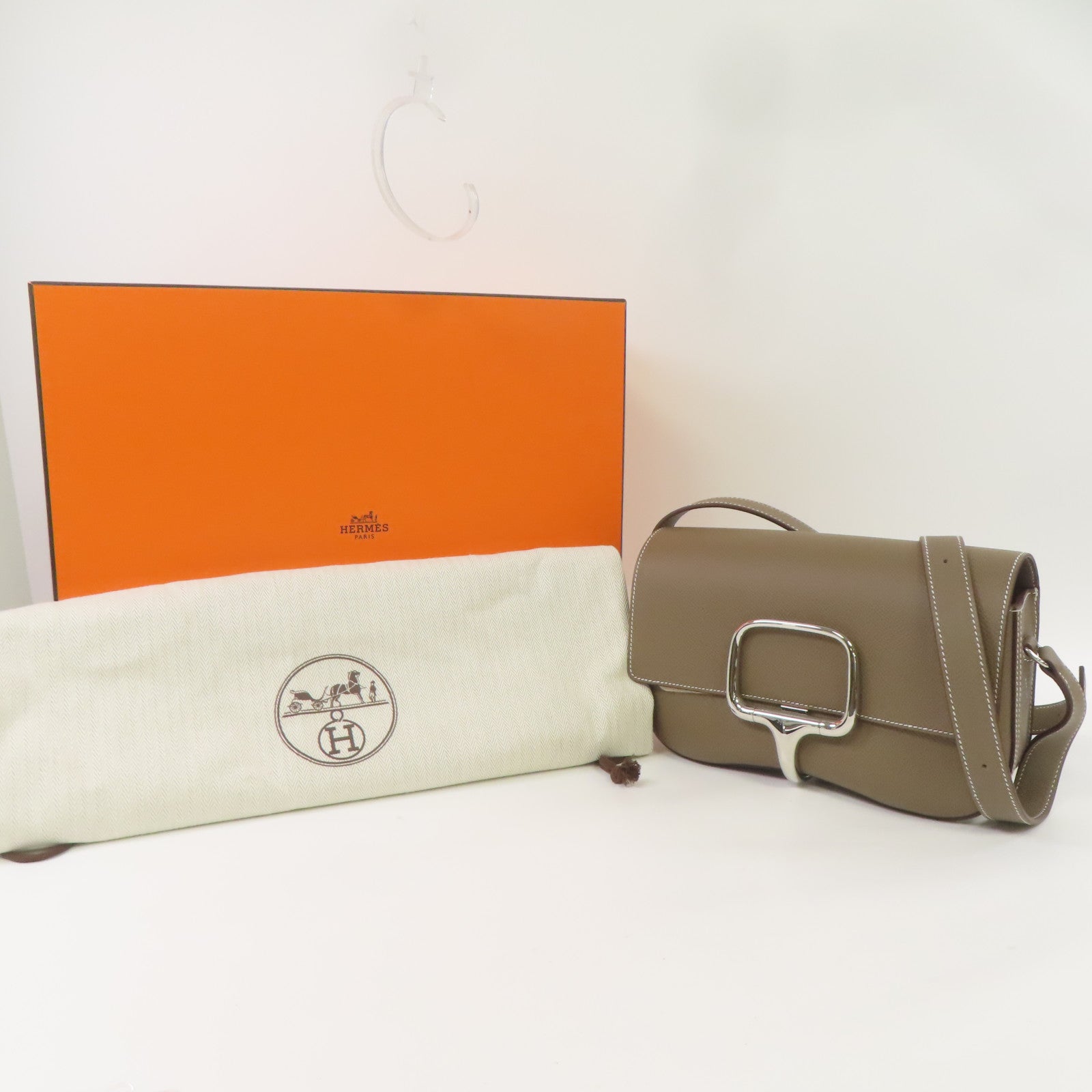 HERMES Epsom皮革Della Cavalleria Elan Shoulder Bag銀扣肩背袋大象灰色