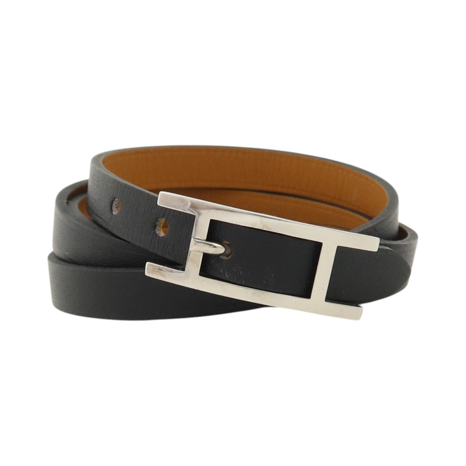 HERMES Tadelakt皮革Behapi Triple Tour銀扣手鏈Noir