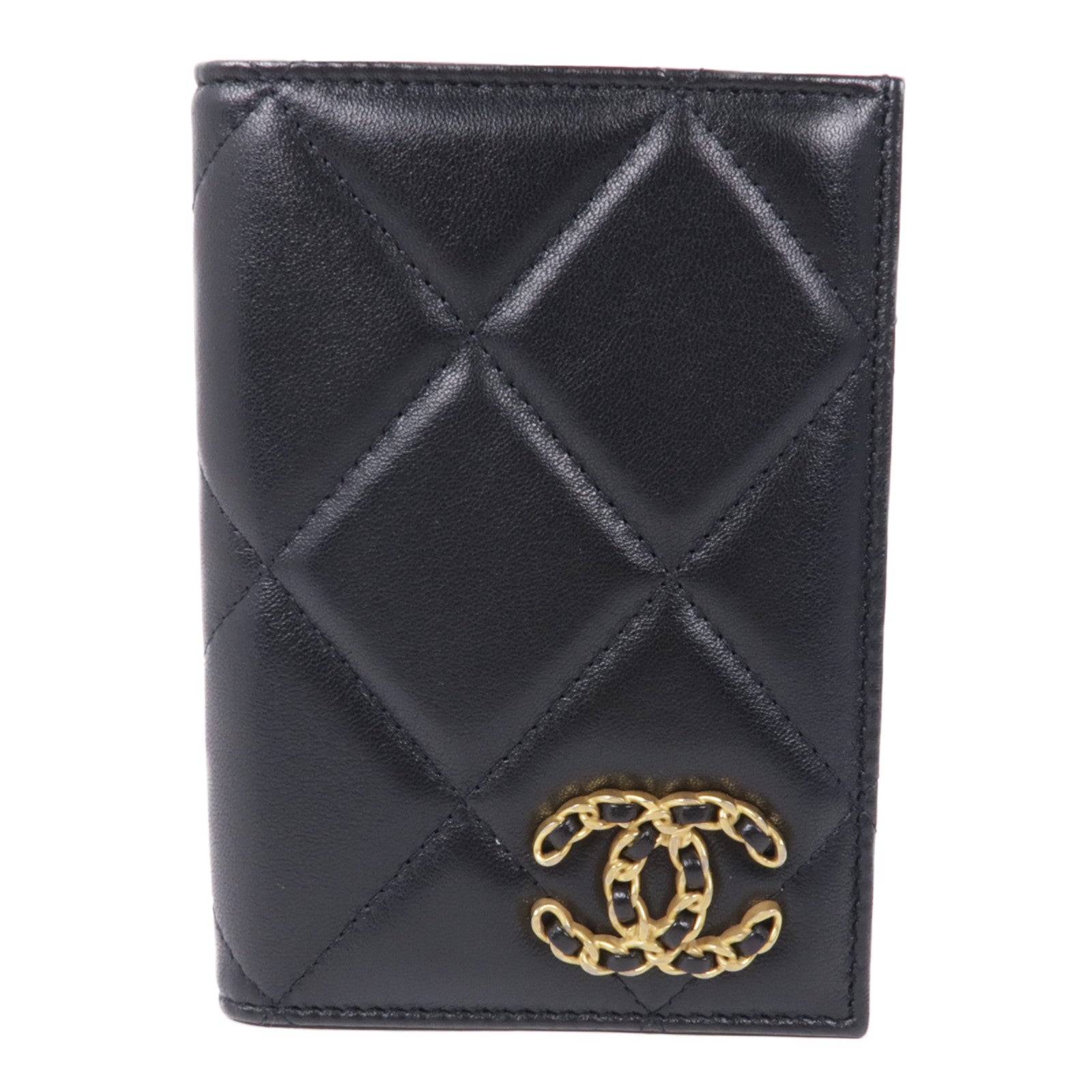 CHANEL CC GHW Card Passport Case Lambskin Leather Black