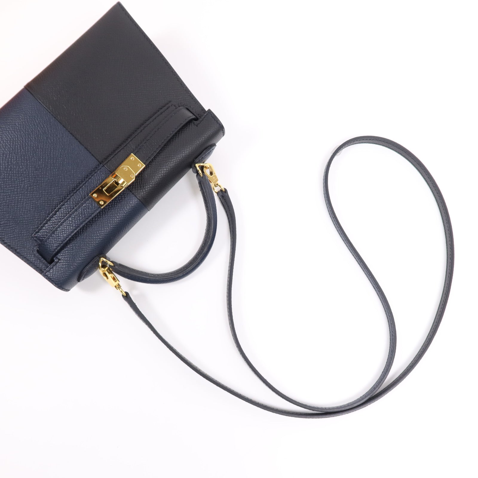 HERMES Epsom皮革Mini Kelly II金扣手挽肩背兩用袋Bleu Indigo/Noir