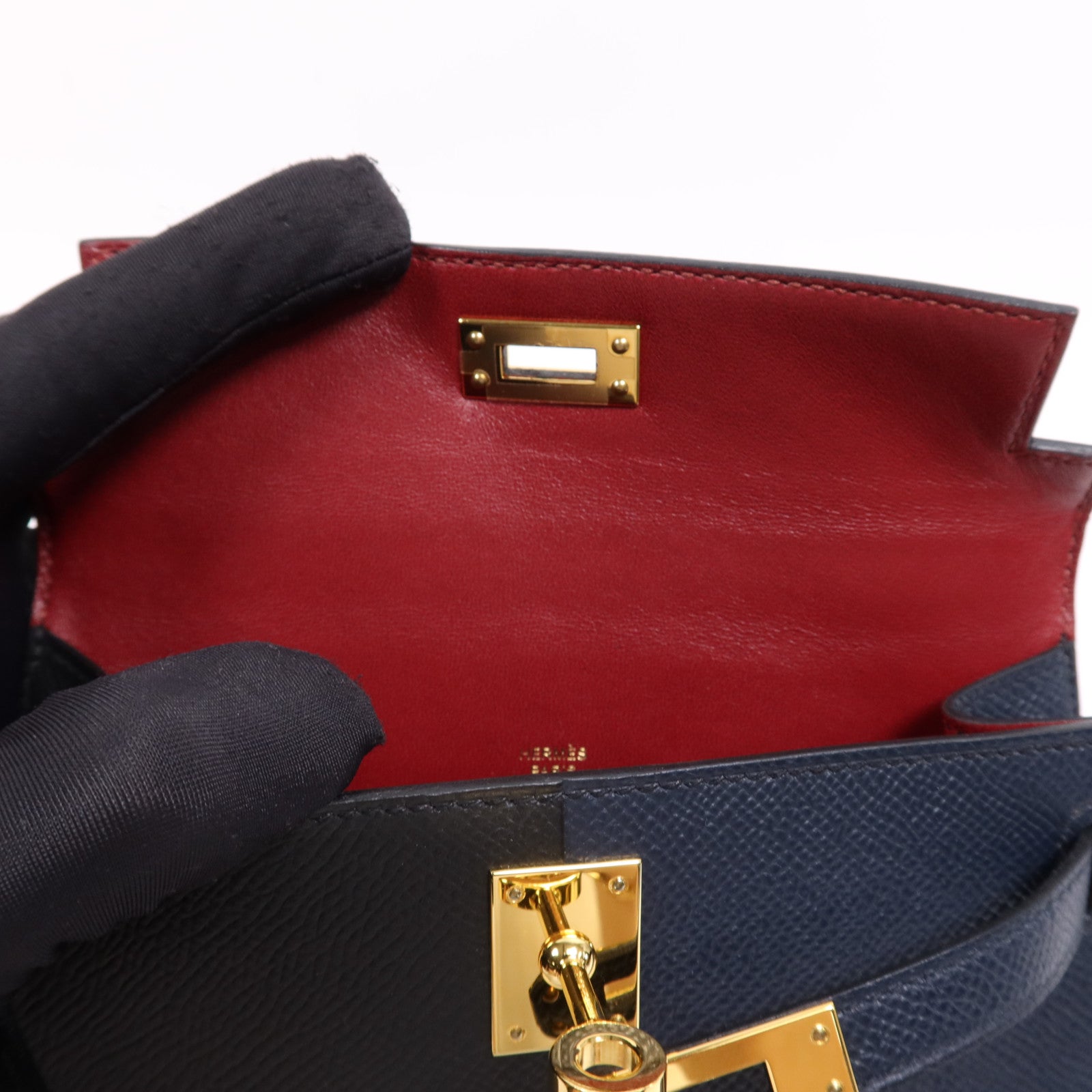 HERMES Epsom皮革Mini Kelly II金扣手挽肩背兩用袋Bleu Indigo/Noir