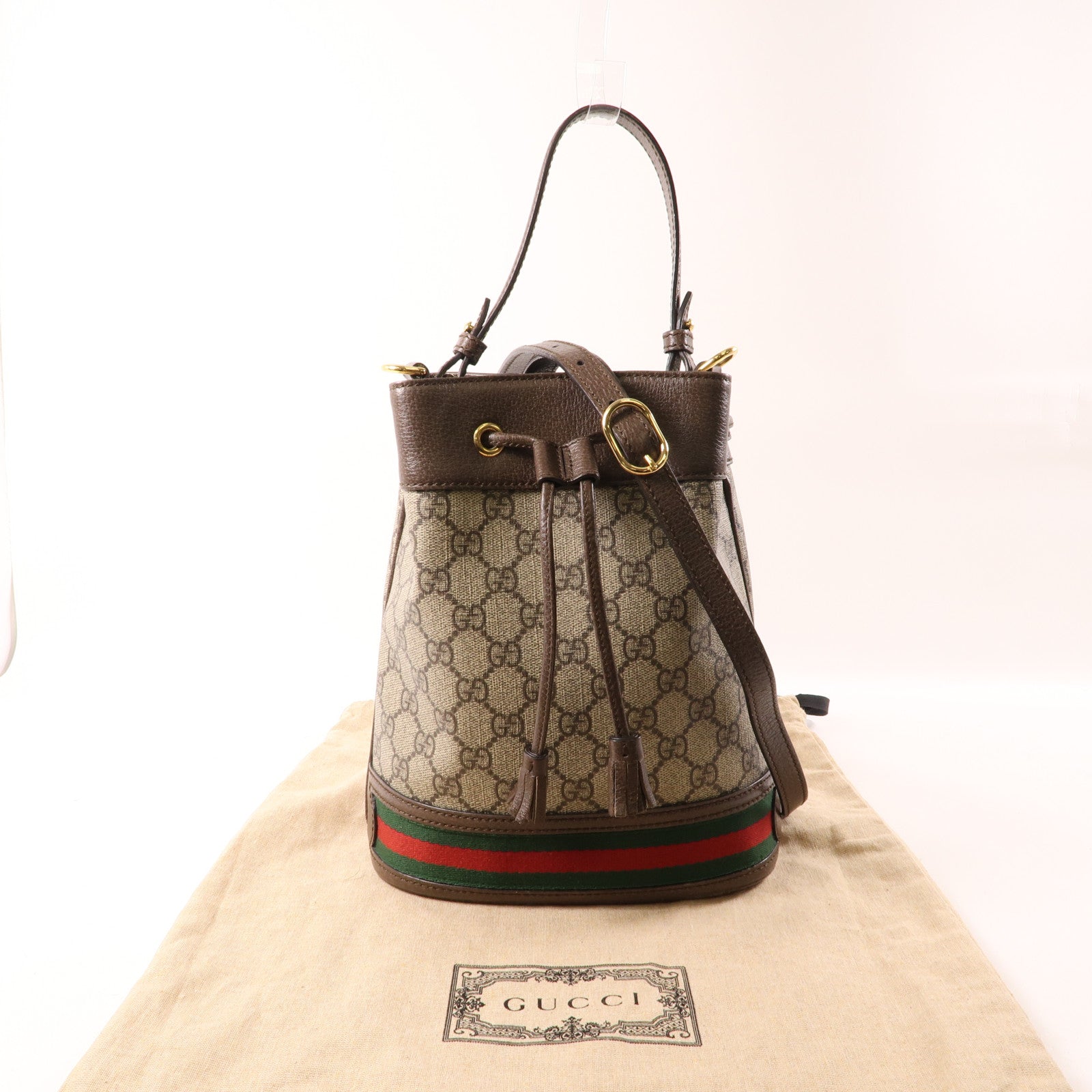 GUCCI 塗層帆布Ophidia Small Bucket Bag金扣手挽肩背兩用袋棕色