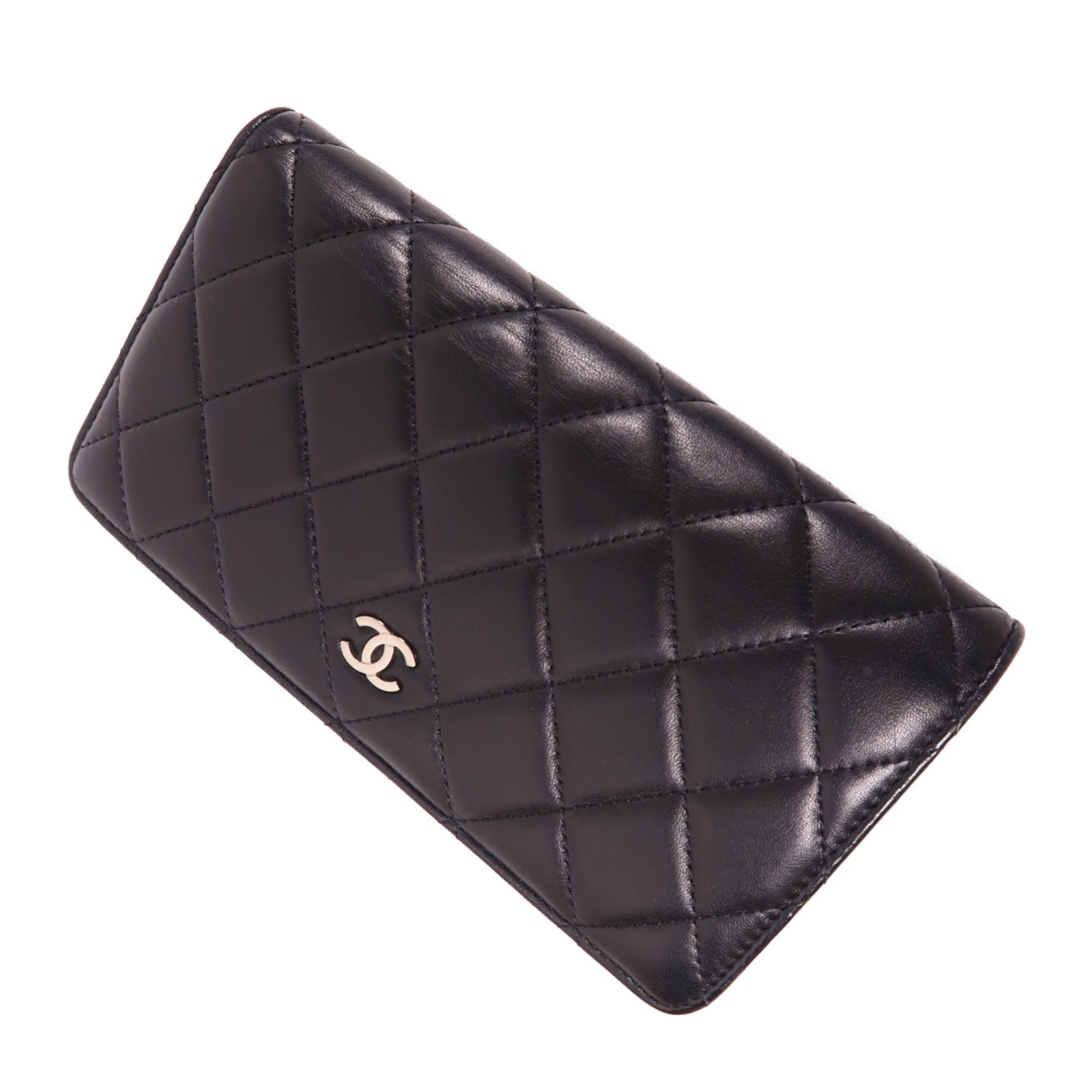 CHANEL 菱格羊皮皮革Long Flap銀扣長錢包黑色