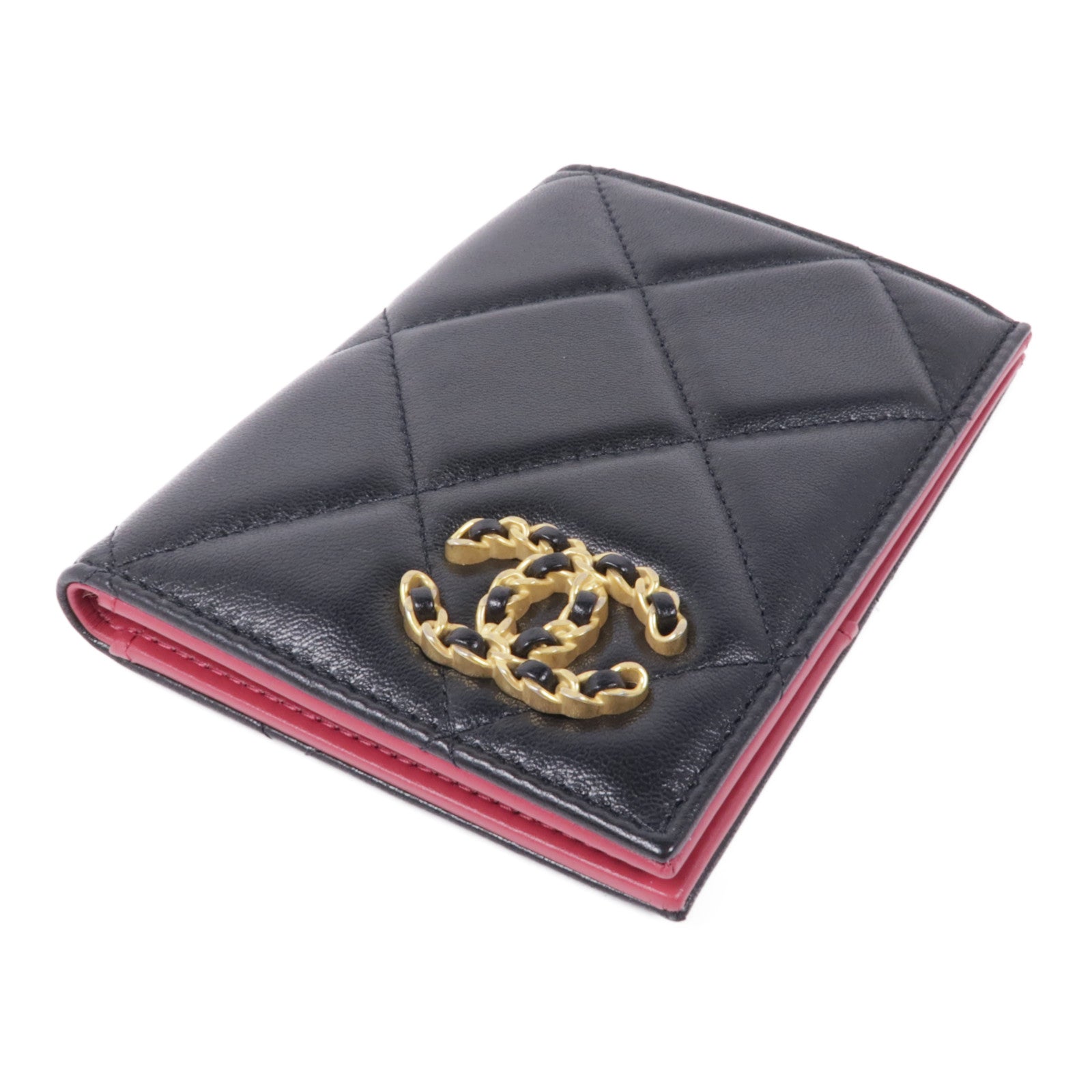 CHANEL CC GHW Card Passport Case Lambskin Leather Black