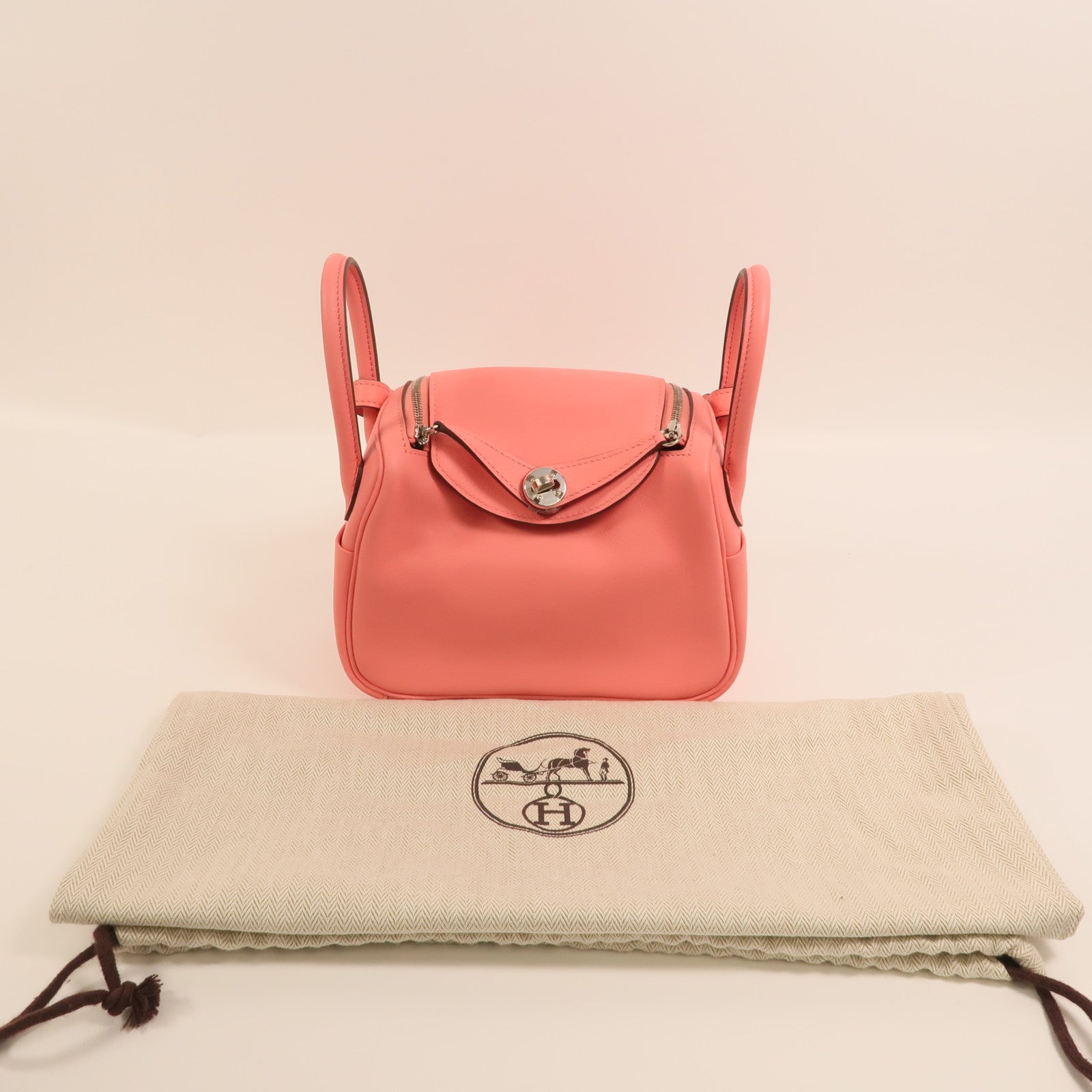 HERMES Swift皮革Mini Lindy銀扣手挽肩背兩用袋Rose Azalee