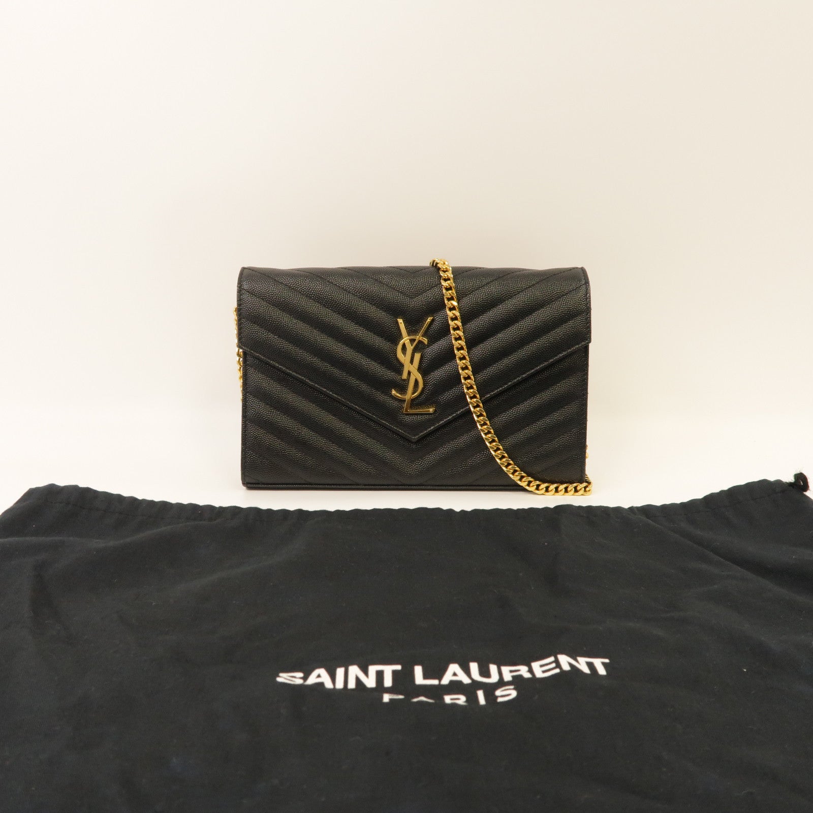 SAINT LAURENT 斜紋牛皮皮革Cassandre金扣鏈帶肩背袋黑色