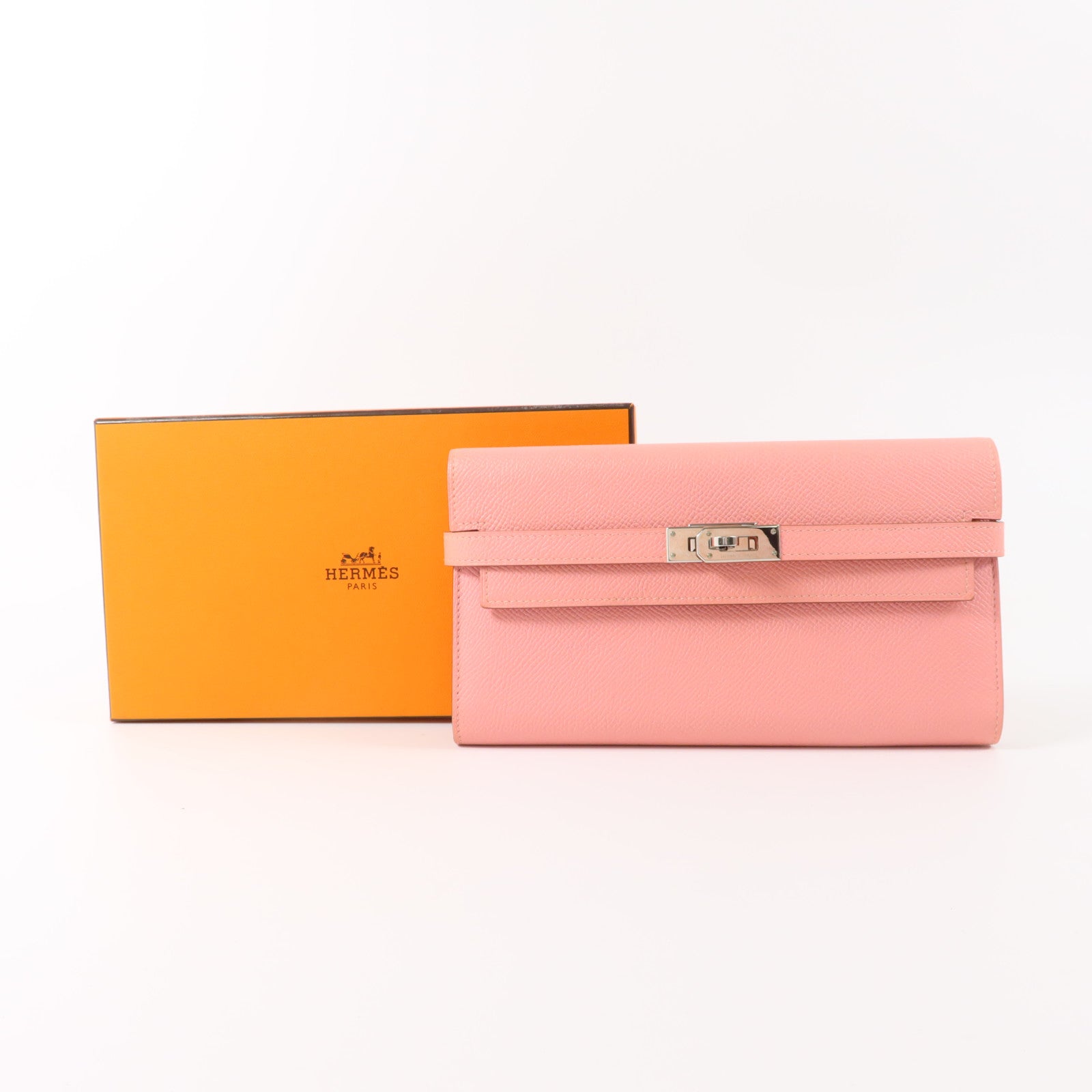 HERMES Epsom皮革Kelly Long Wallet銀扣長錢包Rose Confetti