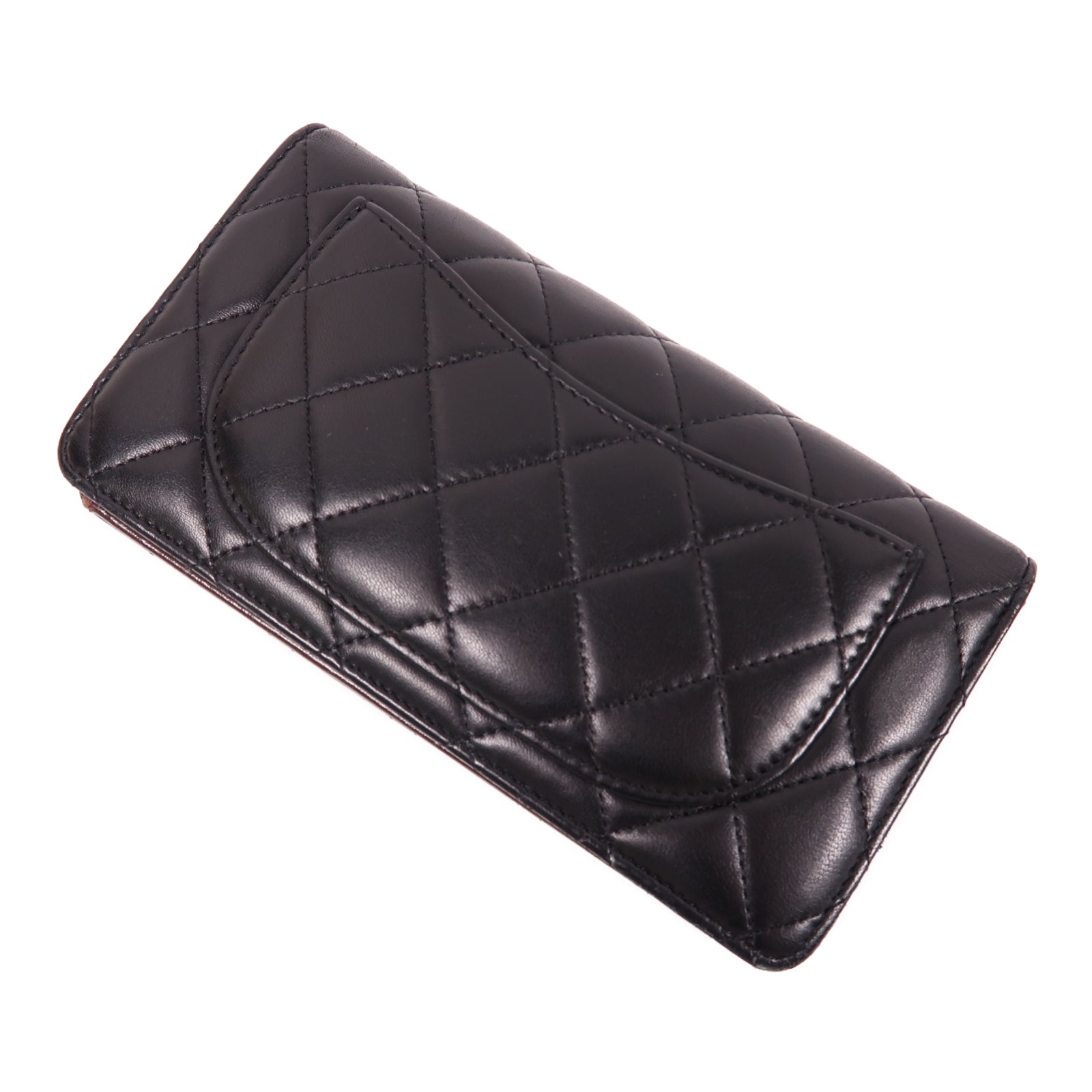 CHANEL 菱格羊皮皮革Long Flap銀扣長錢包黑色