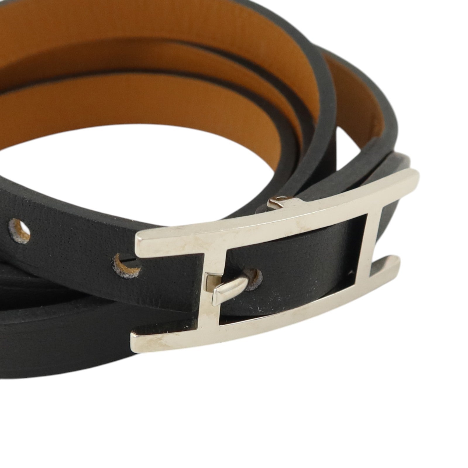 HERMES Tadelakt皮革Behapi Triple Tour銀扣手鏈Noir