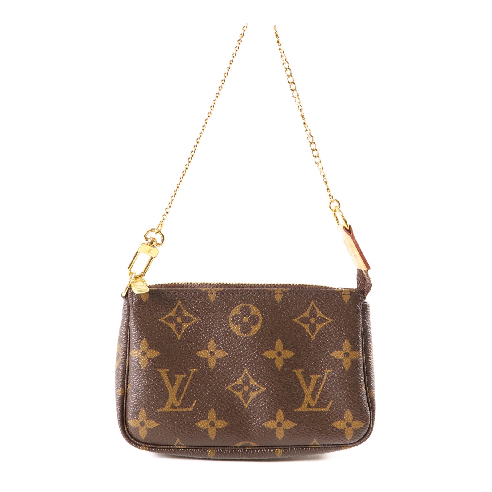 LOUIS VUITTON Monogram Mini Pochette Accessoires金扣手挽袋棕色